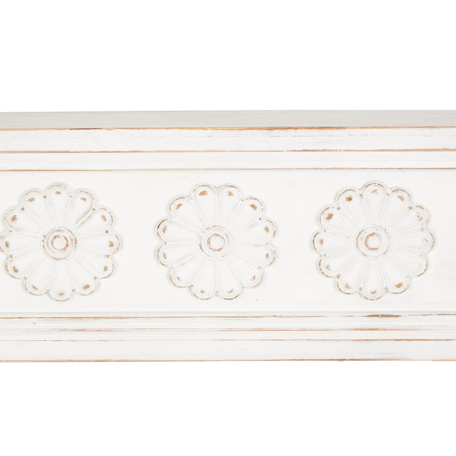 White Wooden Floral Room Wall Shelf with Brown Distressing