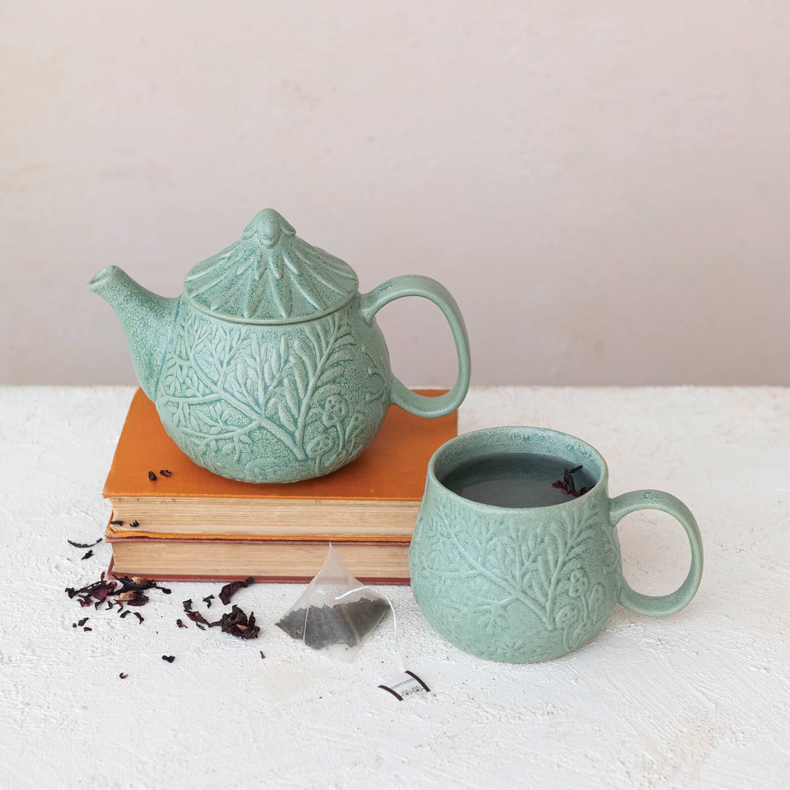 Hello Honey® 30oz. Sage Embossed Botanicals Stoneware Teapot with Strainer