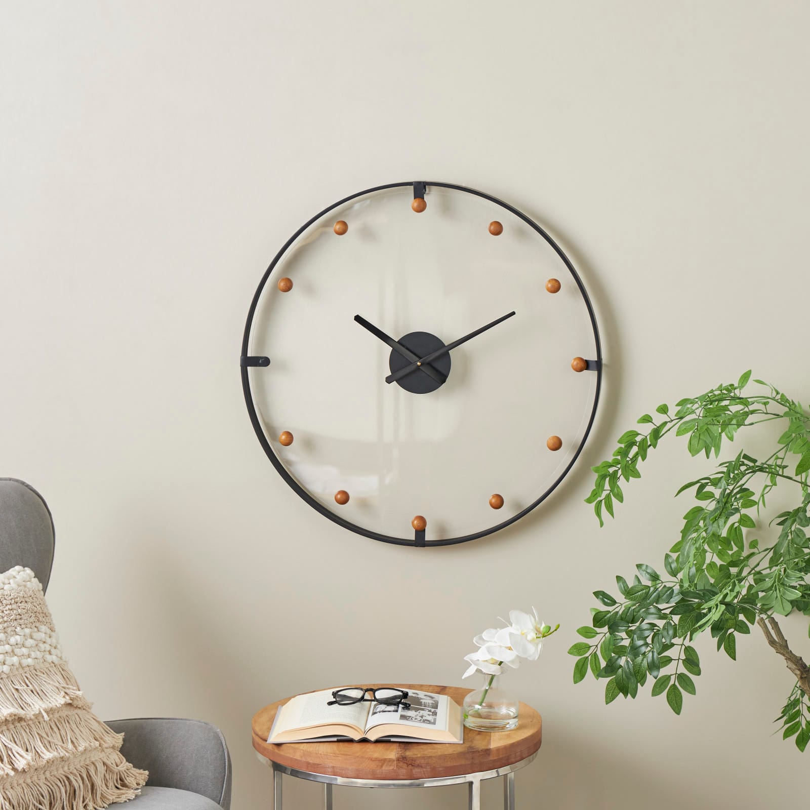 27.5" Black Metal Decorative Wall Clock with Acrylic Face & Ball Accents