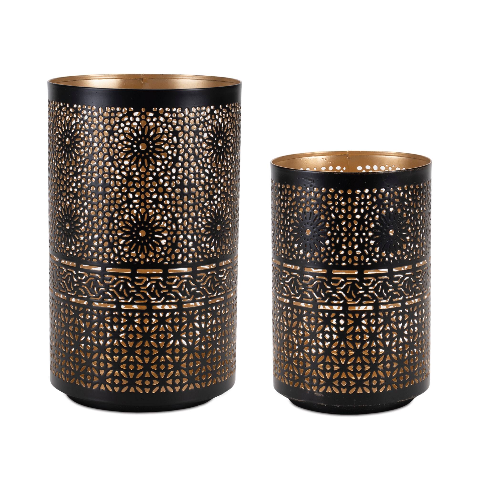 Black & Gold Mandala Punched Metal Candle Holder Set