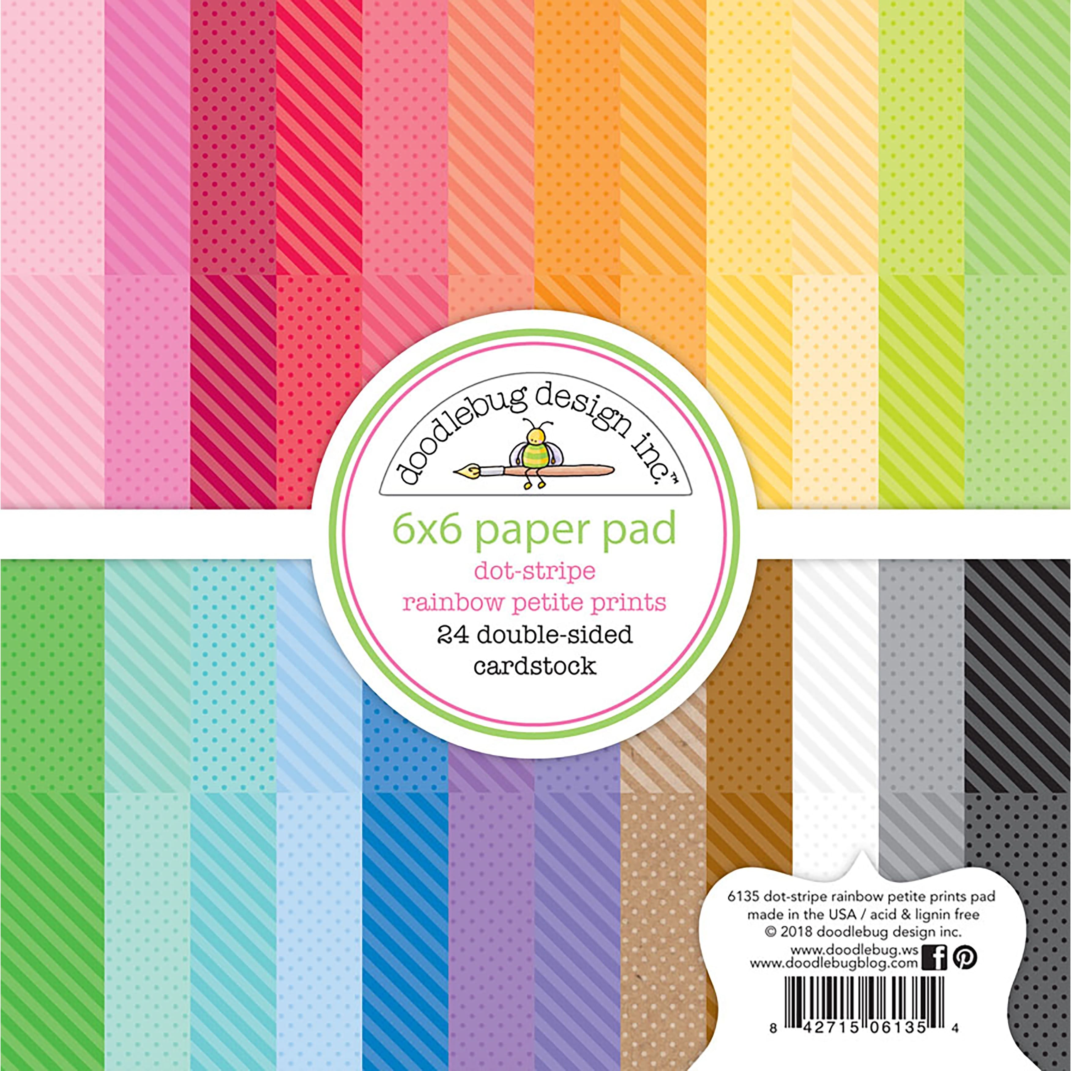 Doodlebug Petite Prints Dot-Stripe Rainbow Double-Sided Paper Pad, 6" x 6"