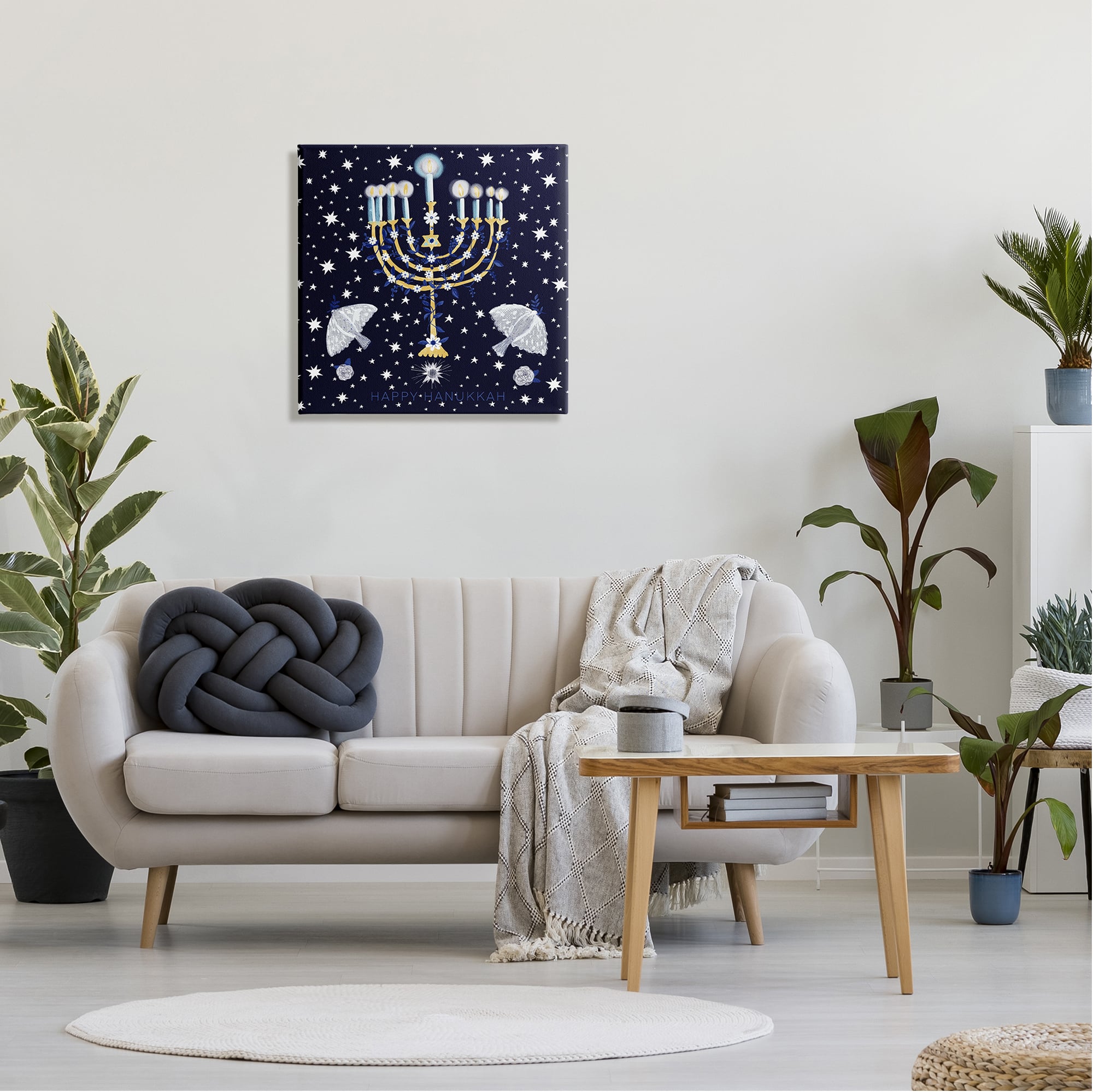 Stupell Industries Happy Hanukkah Starry Menorah Canvas Wall Art