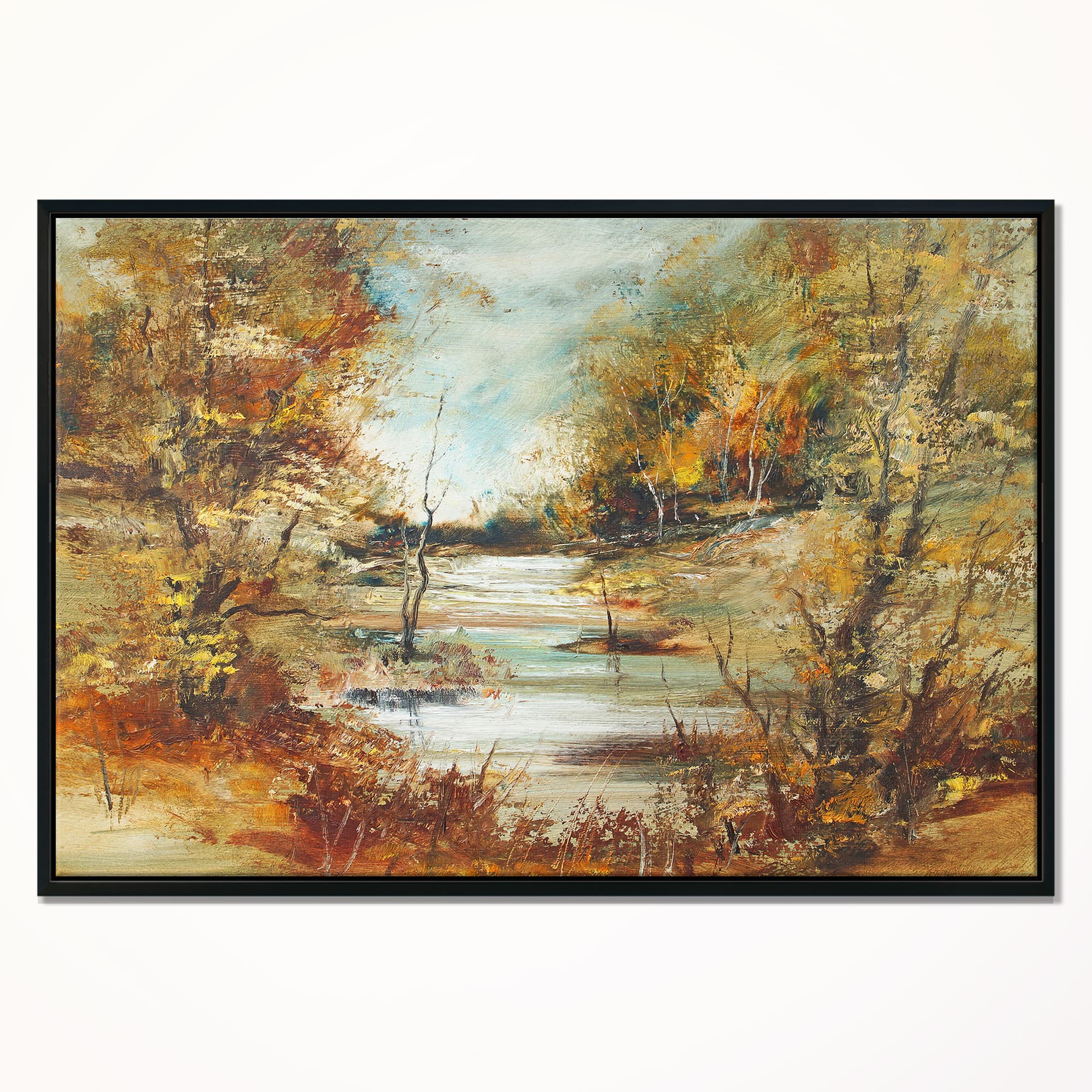 Designart - Brown River in Forest - Landscape Painting Canvas Print in Black Frame