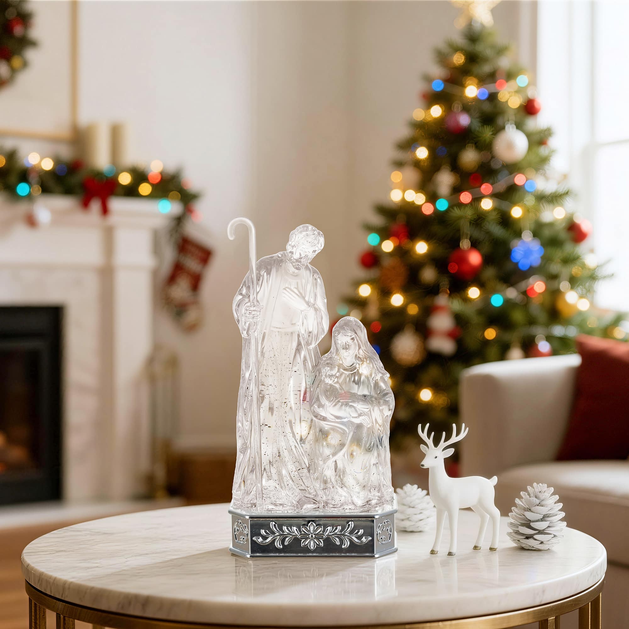 Glitzhome® 12" Lighted Acrylic Crystal Christmas Holly Family Water Globe with Timer