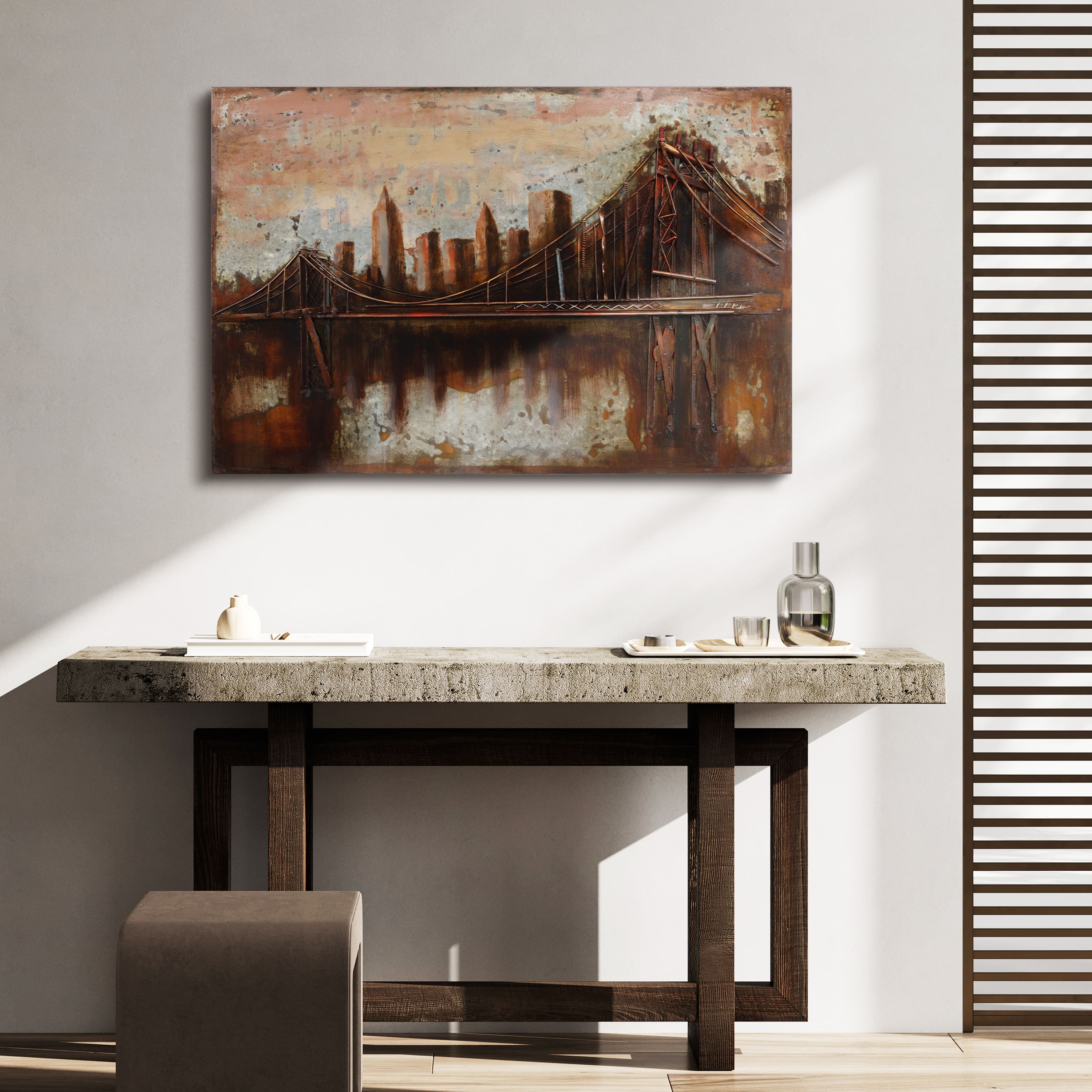 Empire Art Direct 48" x 32" Bridgescape Mixed Media Iron Dimensional Sculpture Wall Art