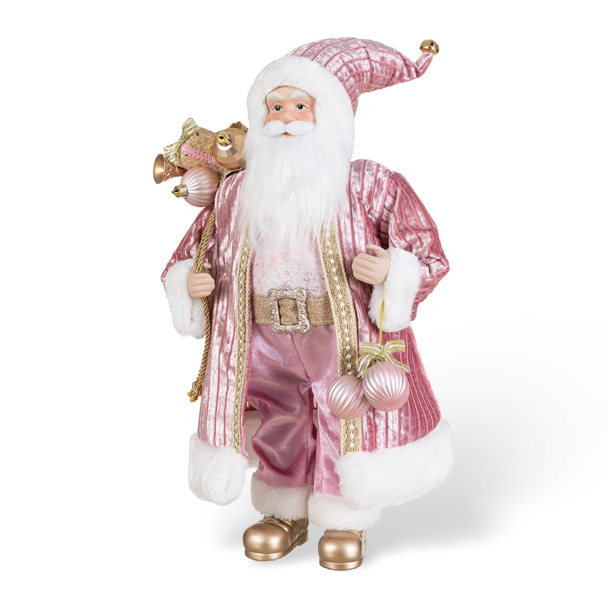Glitzhome® 18" Faux Fur Deluxe Pink Christmas Santa Figurine with Porcelain Face