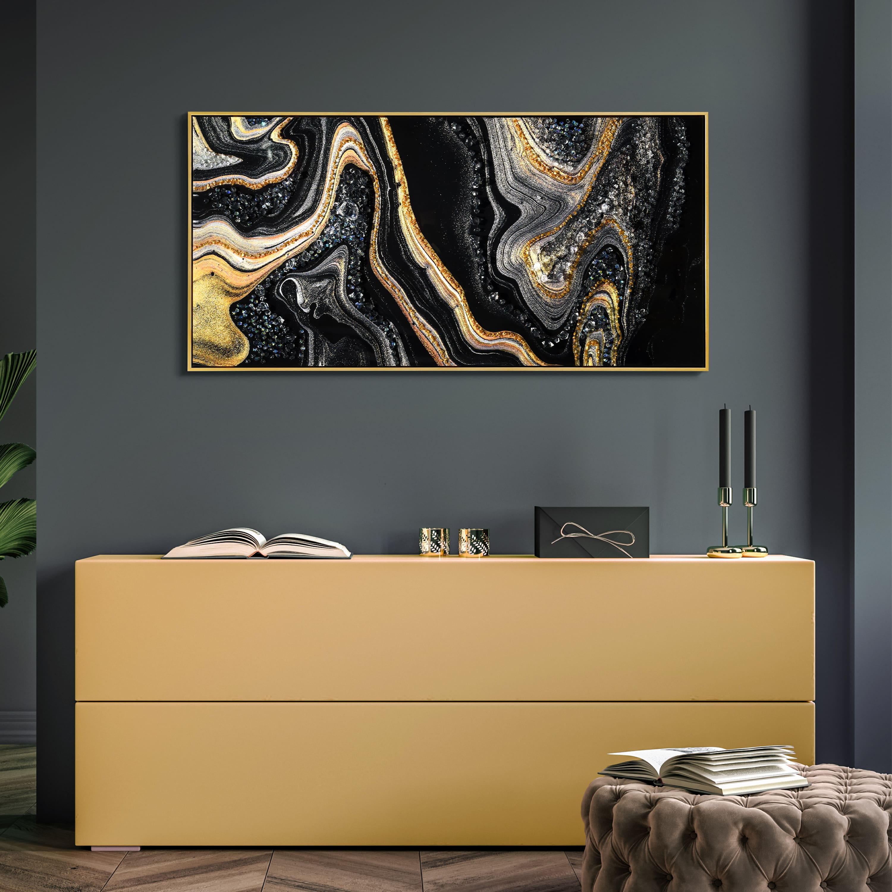 Empire Art Direct Arte De Crystallus 24" x 48" Golden Veins I Epoxy Coated Wrapped Framed Glossy Abstract Canvas Wall Art
