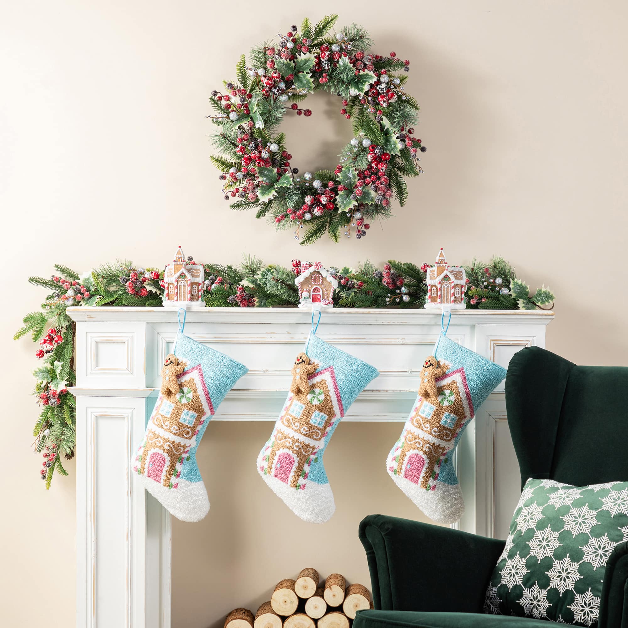 Glitzhome® 21"L Hooked Gingerbread House Stocking with Gingerbread Man Ornament
