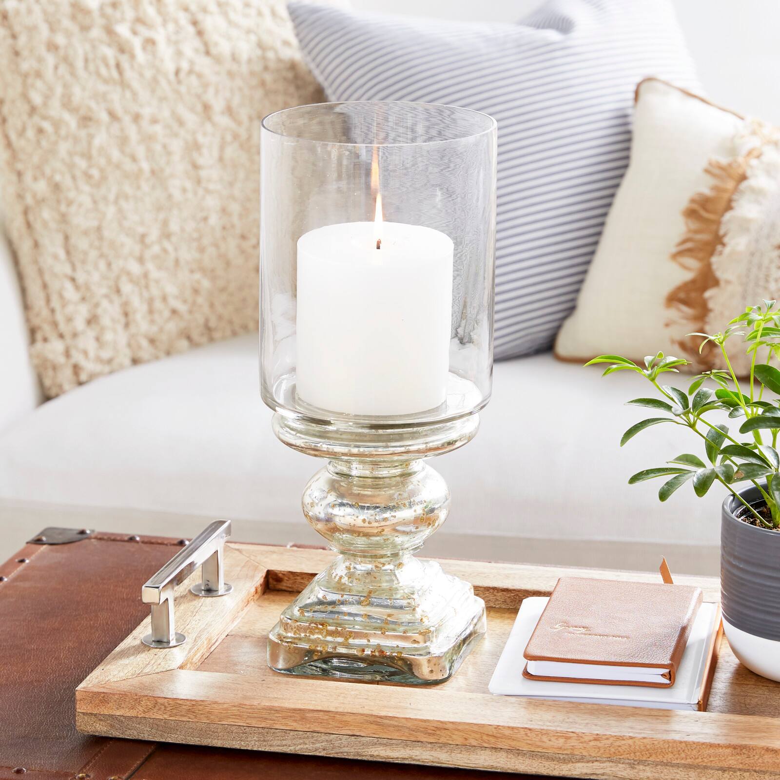 16" Silver Glass Traditional Candle Holder