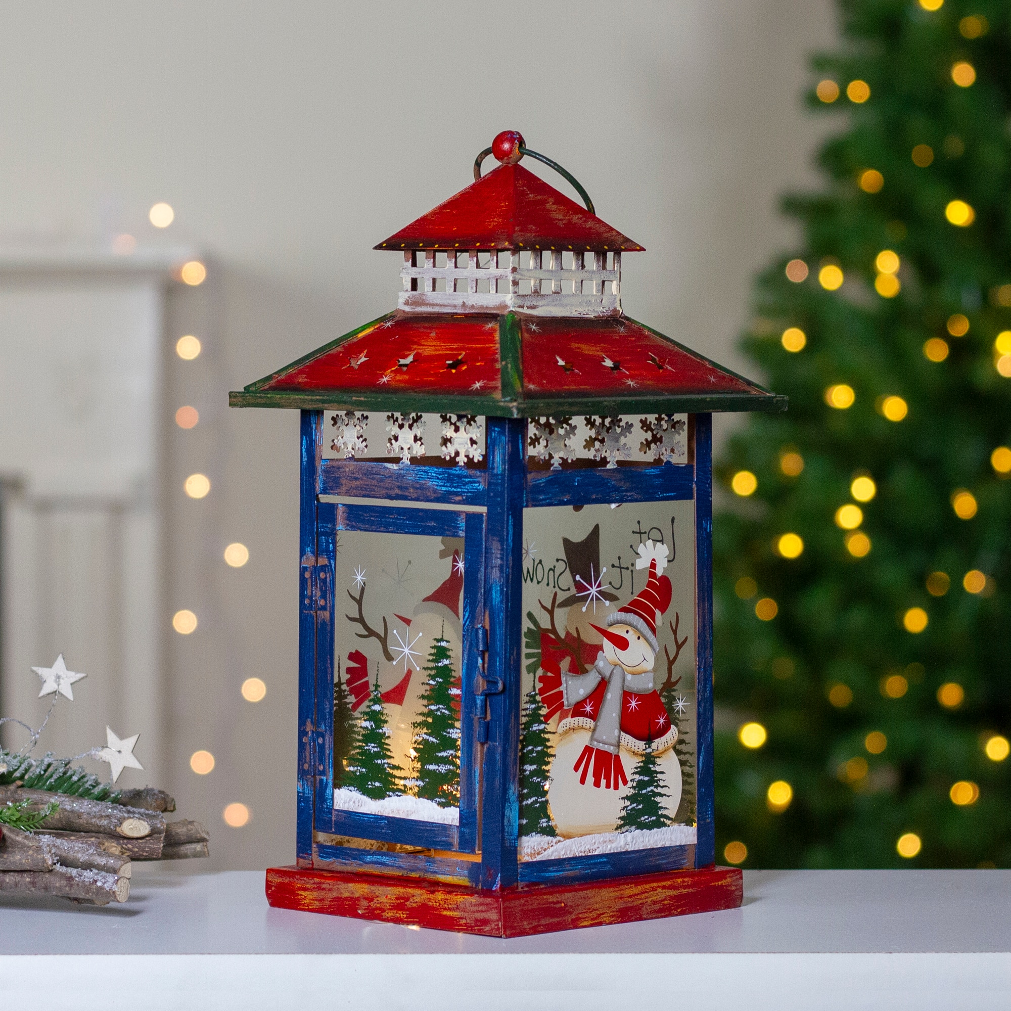 13" Red & White Snowman Let It Snow Christmas Lantern