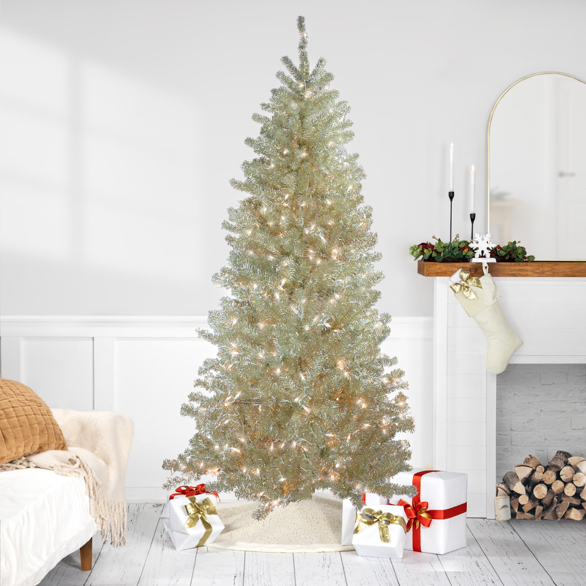 7Ft Pre-Lit Metallic Platinum Artificial Tinsel Christmas Tree, Clear Lights By Northlight in Gold | 7 ft | Michaels®