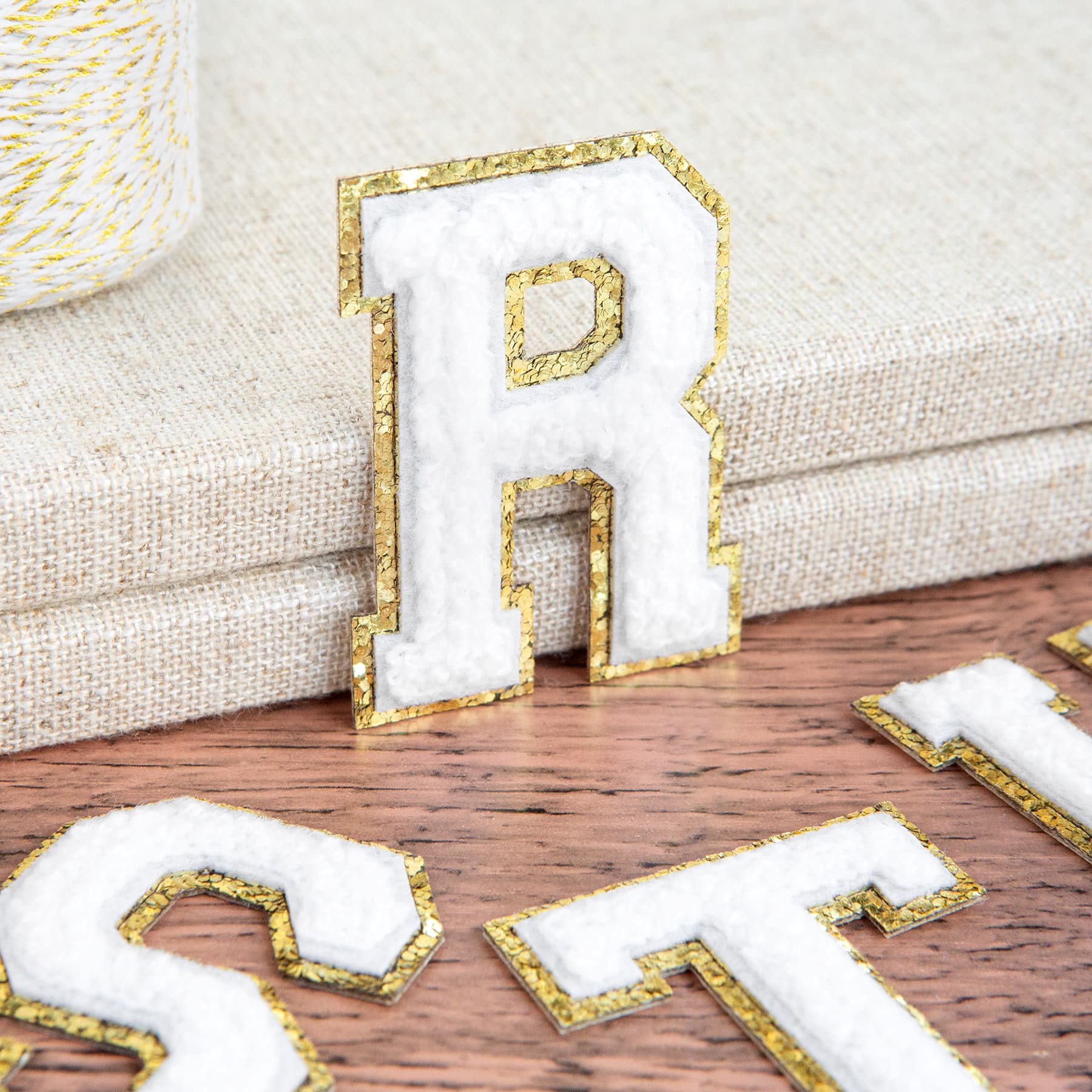 2.25" White Chenille & Gold Glitter Edge Letter Iron-On & Adhesive Patch by Make Market