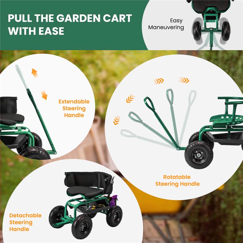 Costway Height-Adjustable Rolling Garden Cart Scooter with Swivel Seat, Tool Tray & Storage Basket