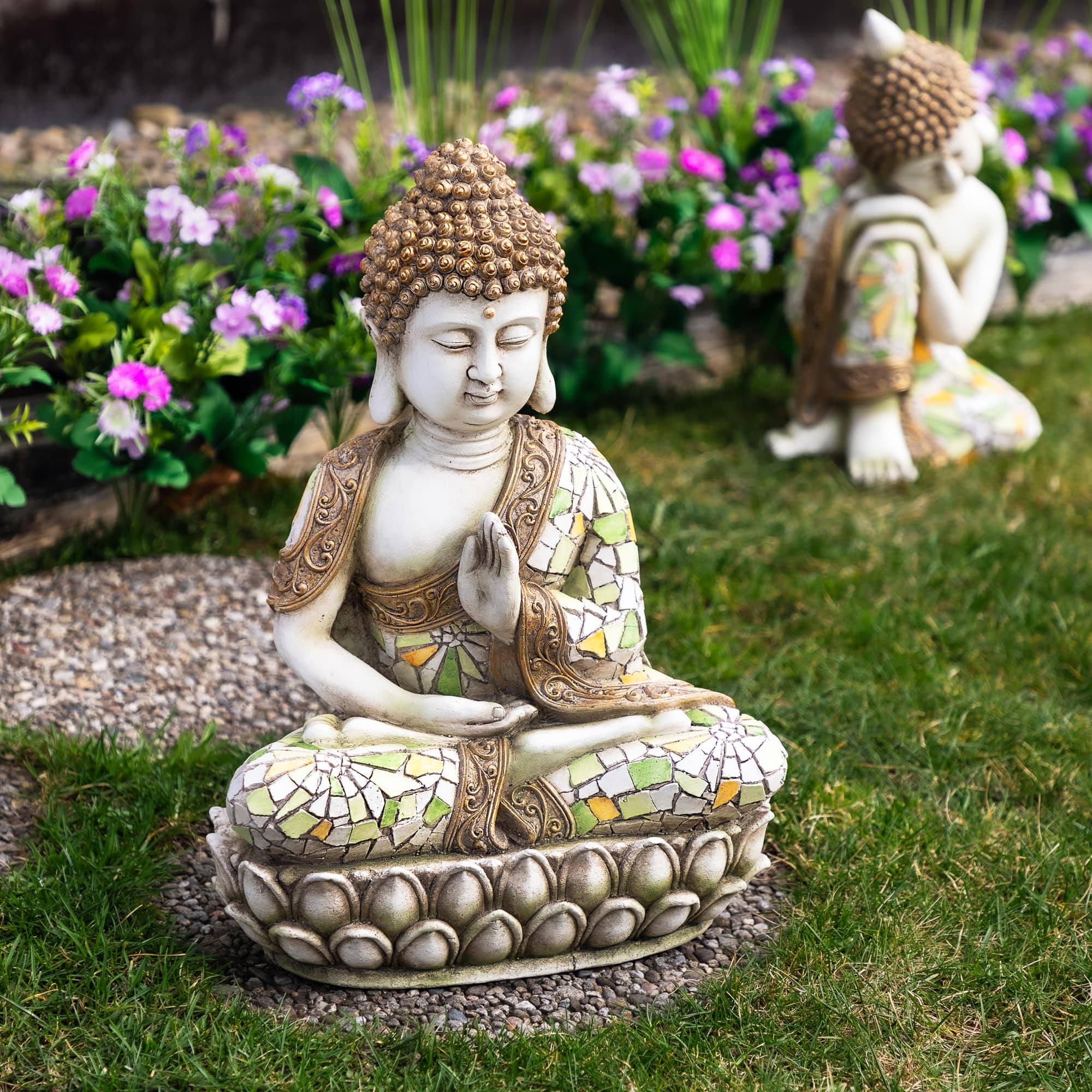 Meditating Mosaic Buddha Outdoor Ceramic Garden Statue - 19.5"