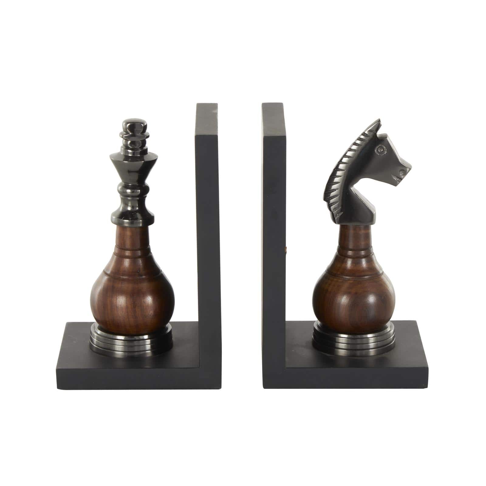 Decorative Dark Brown & Silver Chess Bookend Set