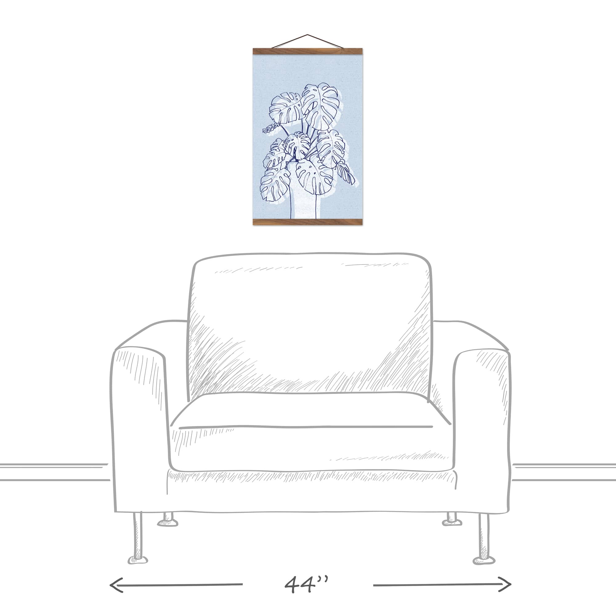 Blue Monstera Drawing Teak Hanging Canvas Wall Art