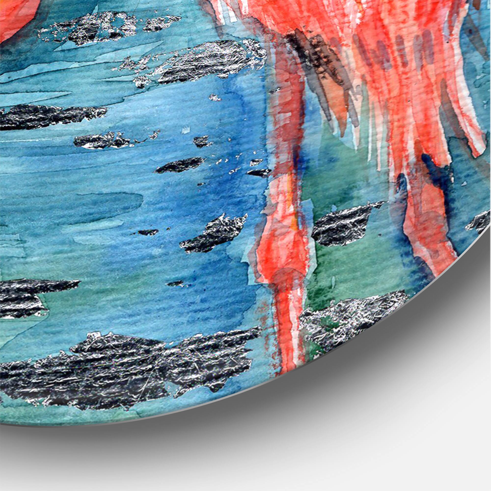 Designart - Pink Flamingos In Blue Water I - Farmhouse Metal Circle Wall Art