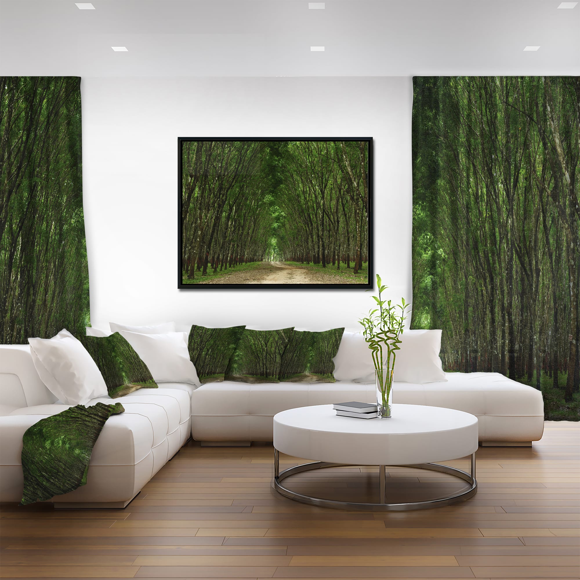 Designart - Pathway in Thick Green Forest - Landscape Photography Canvas Print in Black Frame