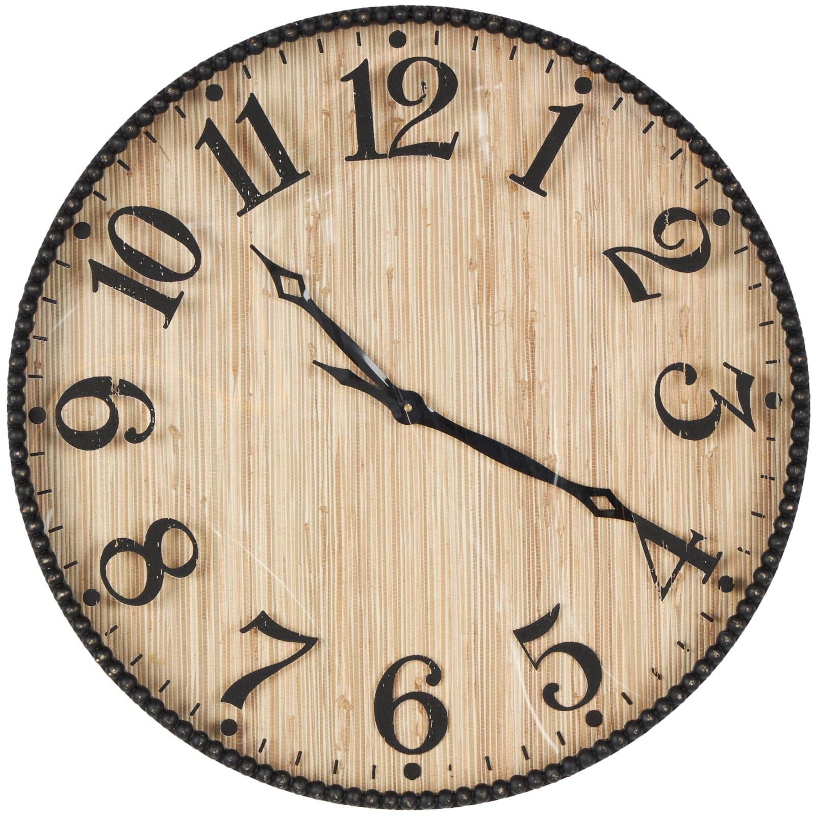24" Light Brown Distressed Wall Clock with Black Beaded Frame