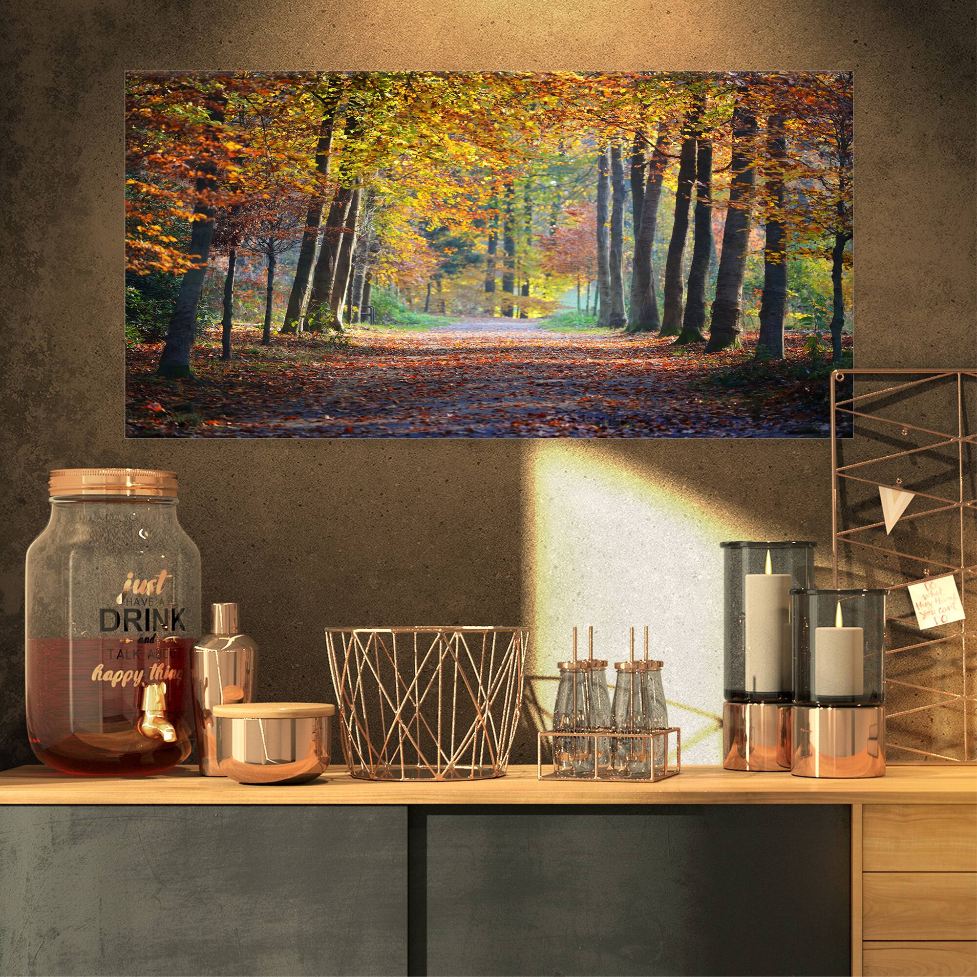 Designart - Wide Pathway in Yellow Fall Forest - Landscape Photography Canvas Print
