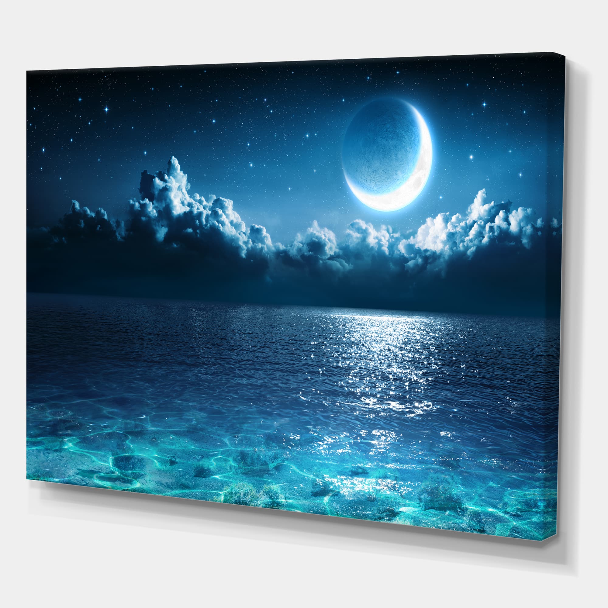 Designart - Romantic Moon Over Deep Blue Sea I - Nautical & Coastal Canvas Wall Art Print