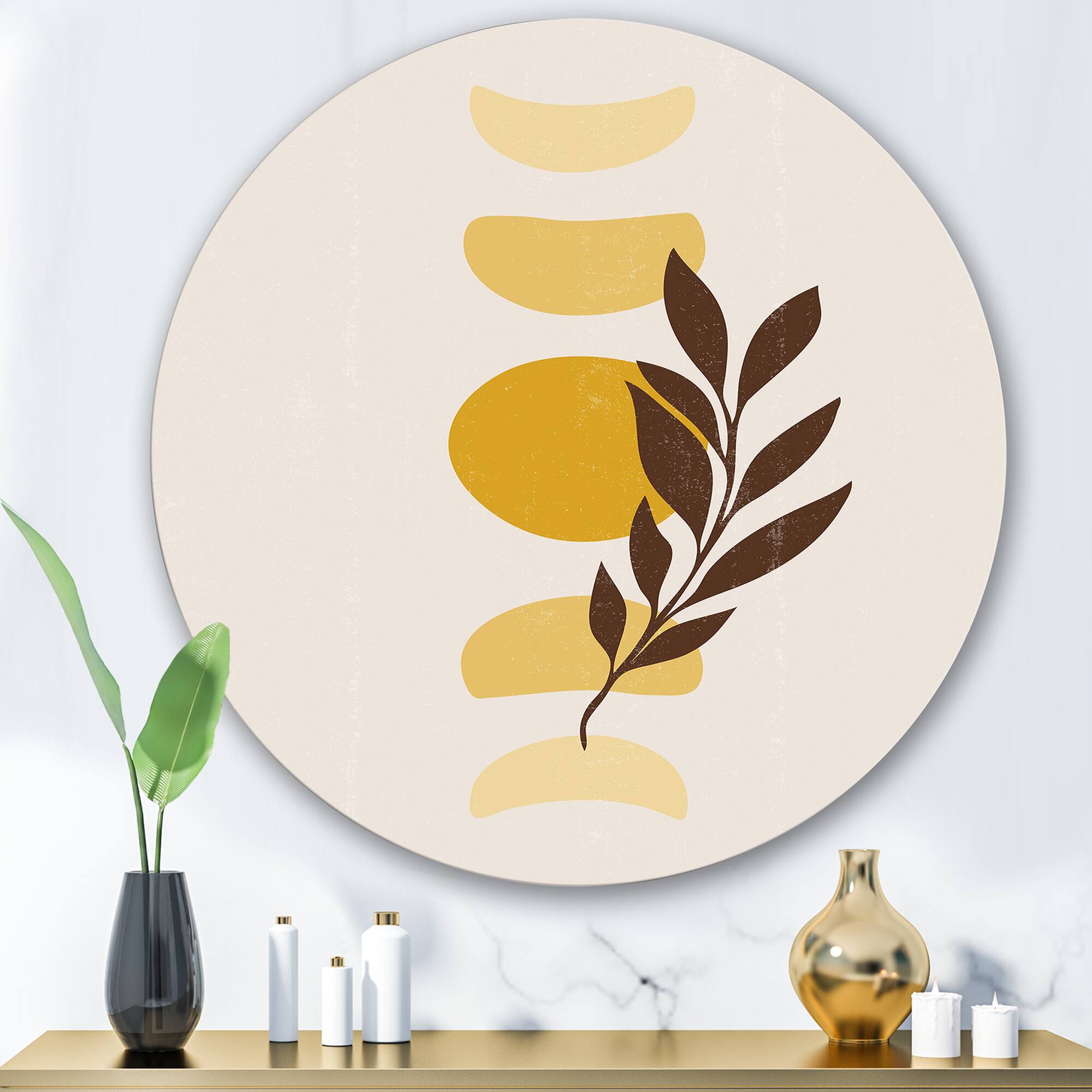 Designart - Abstract Geometrical Sun and Moon With Leaf VII - Modern Metal Circle Wall Art