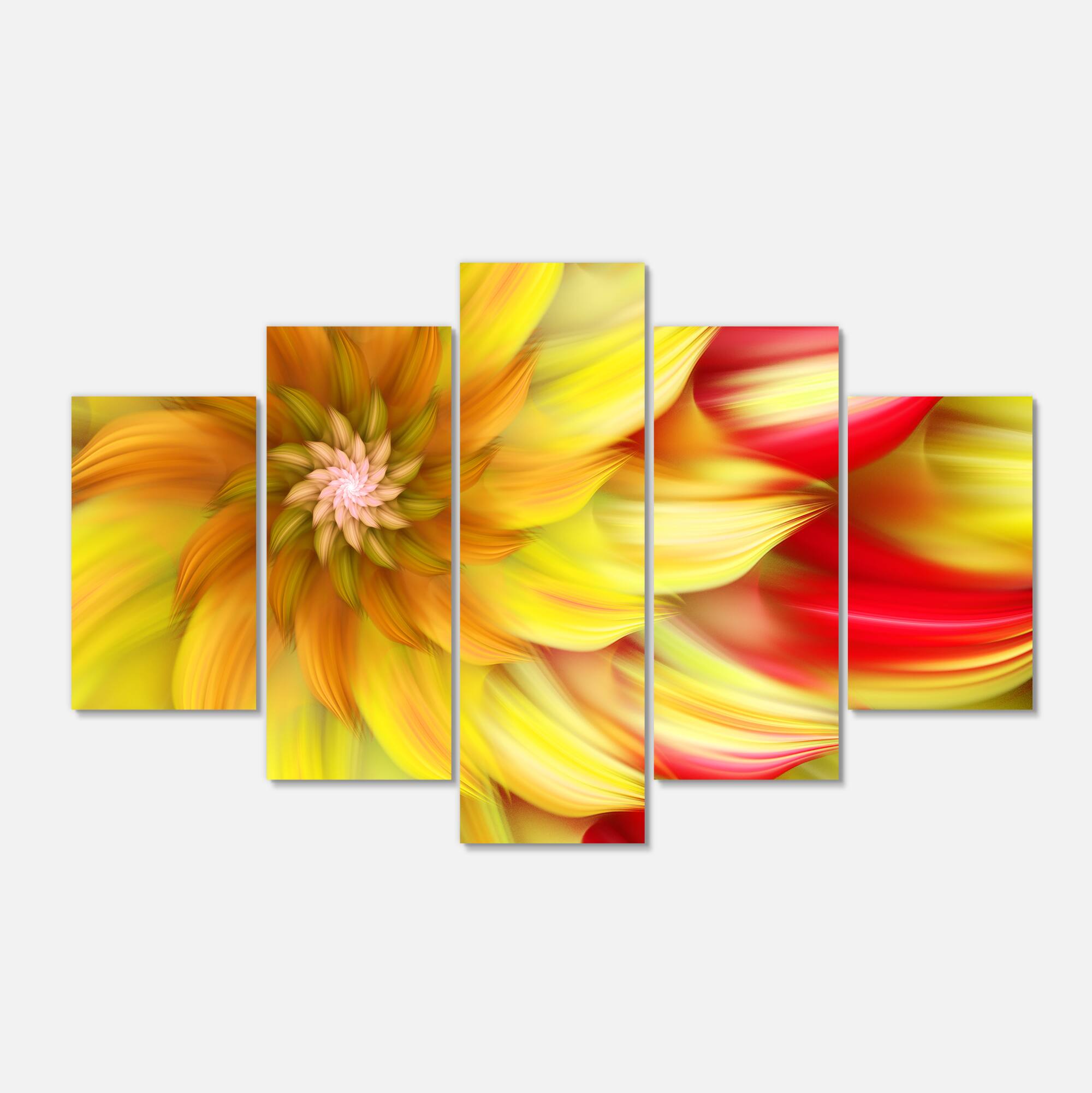 Designart - Rotating Yellow Red Fractal Flower - Large Floral Canvas Art Print