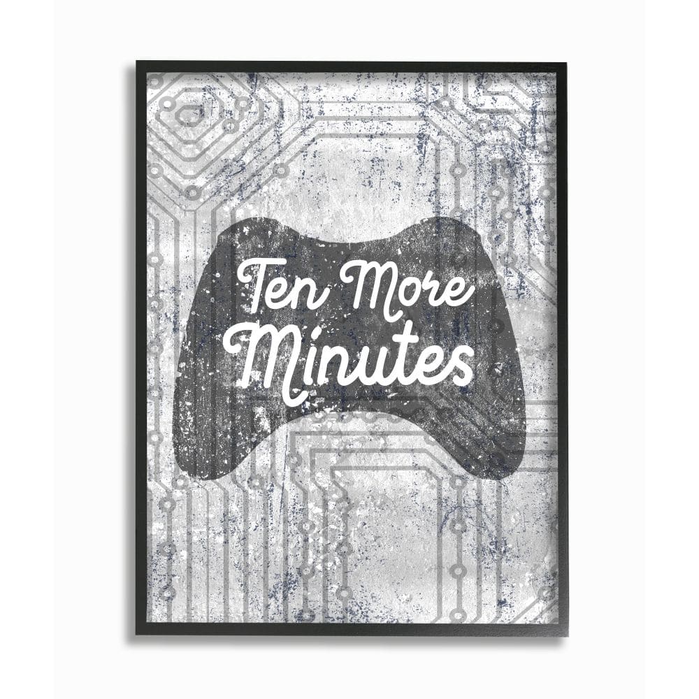Stupell Industries Ten More Minutes Video Game Controller Gaming Grey White Words Framed Wall Art