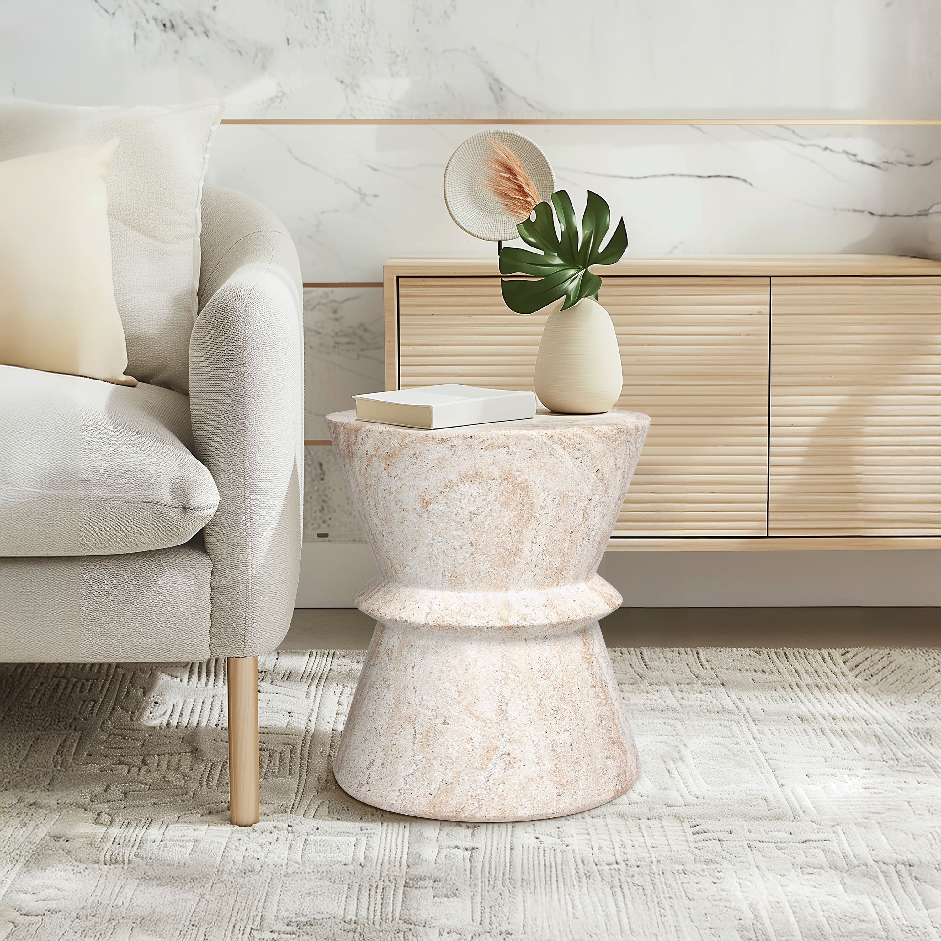 Empire Art Direct 18" Hourglass Travertine Stone Finish MGO Side Accent Table