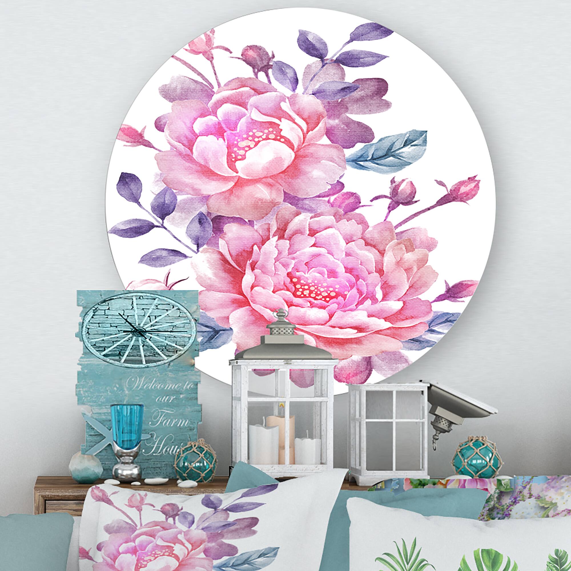 Designart - Pink Retro Flowers With Blue Leaves - Traditional Metal Circle Wall Art