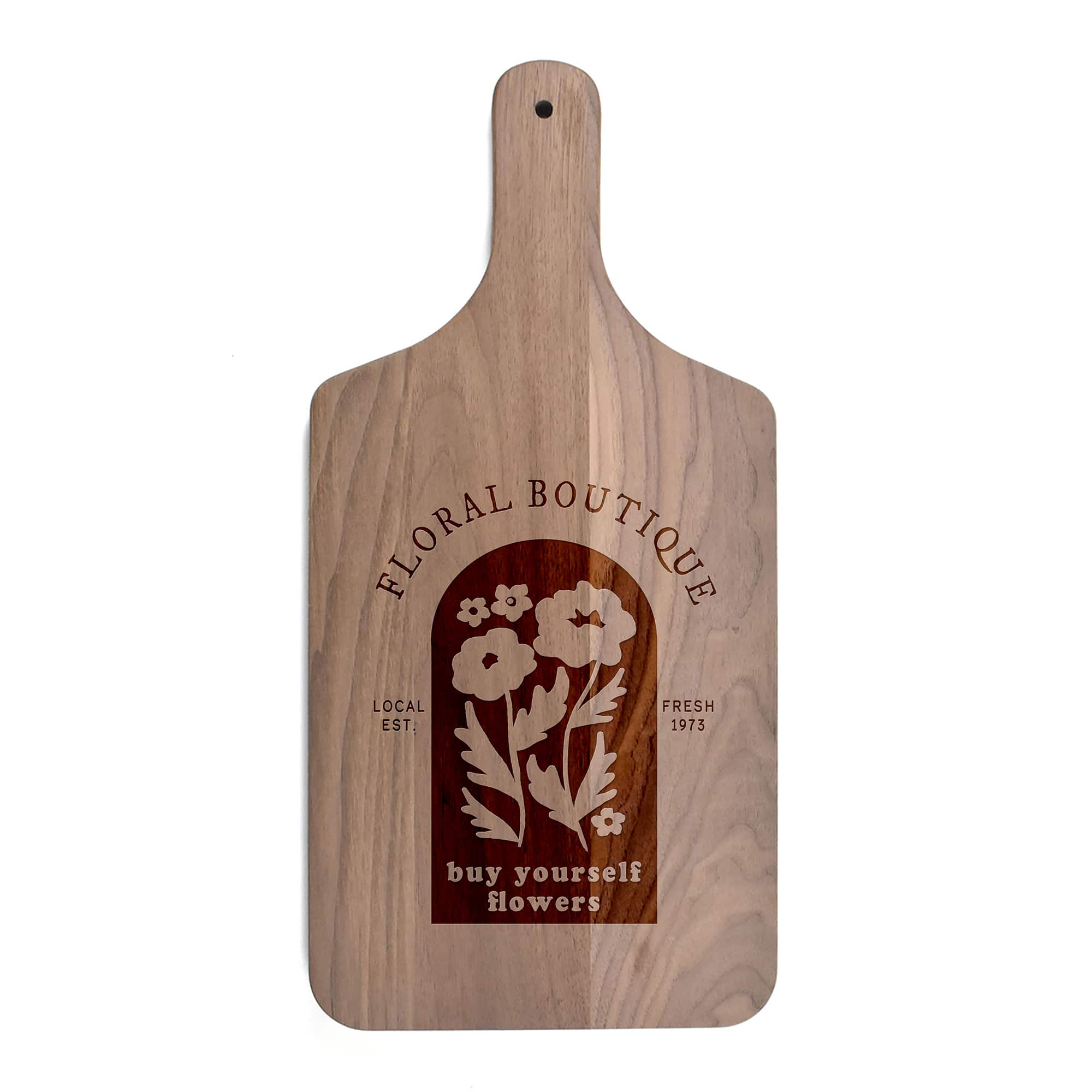 17" Floral Mod Sign Walnut Paddle Cutting Board