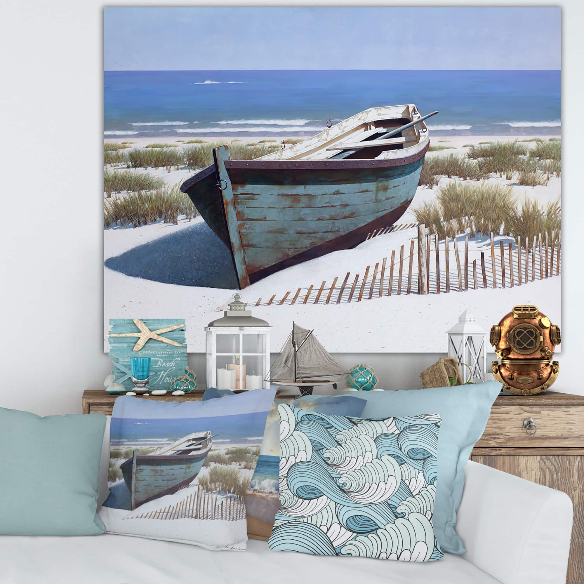 Designart - Blue Boat on Beach - Nautical & Coastal Canvas Artwork