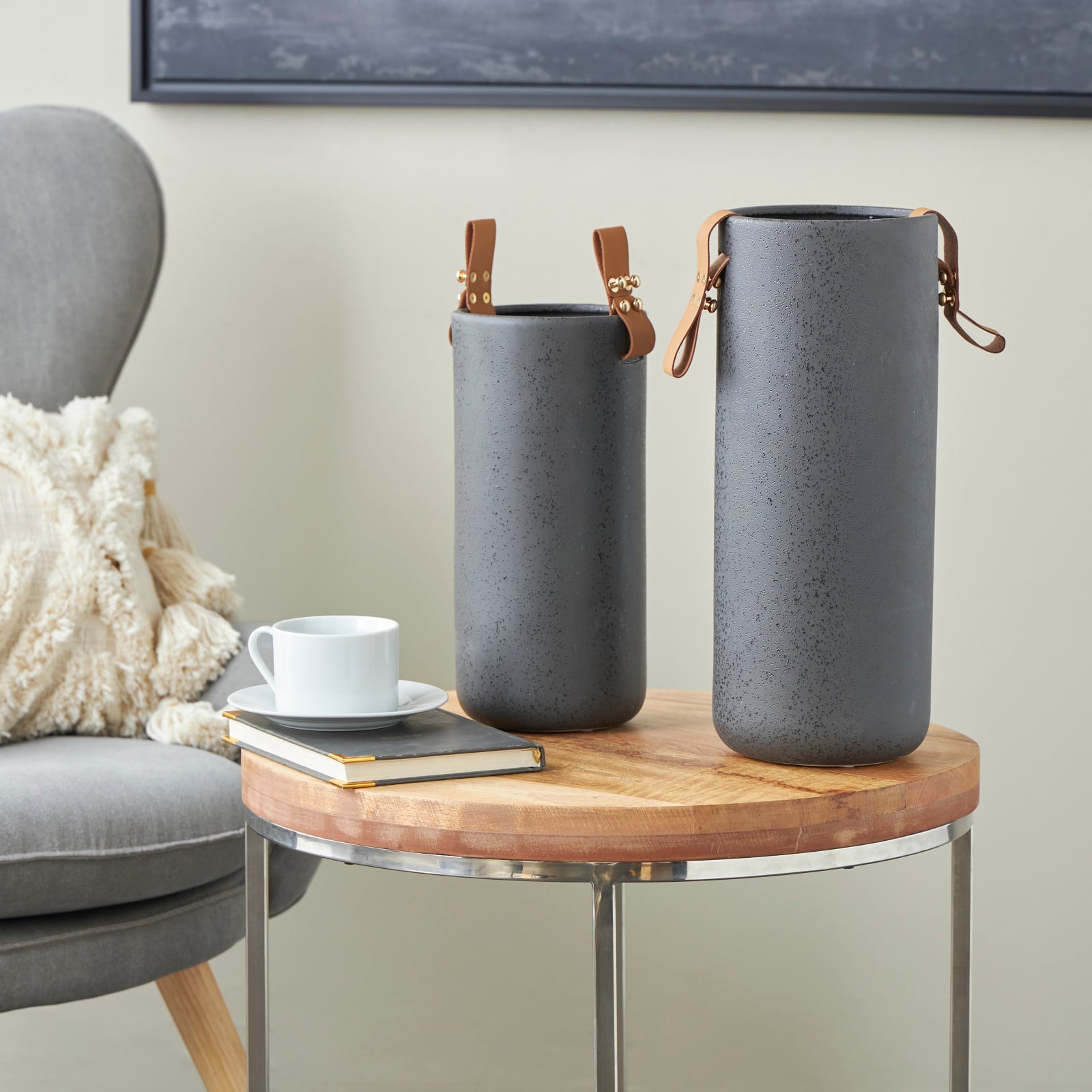 Black Ceramic Vase with Faux Leather Handles Set