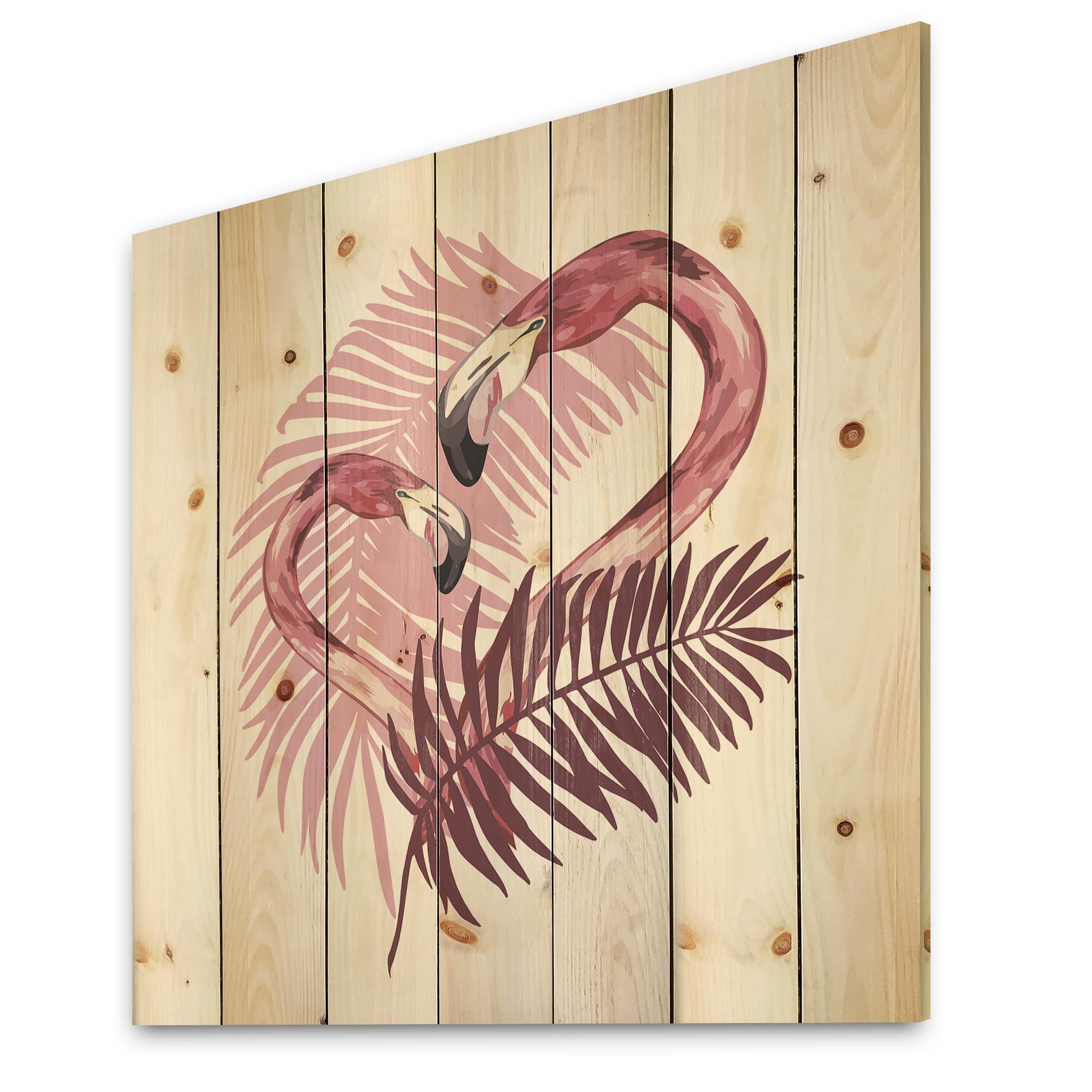 Designart - Flamingo In Tropical Summer I - Traditional Print on Natural Pine Wood