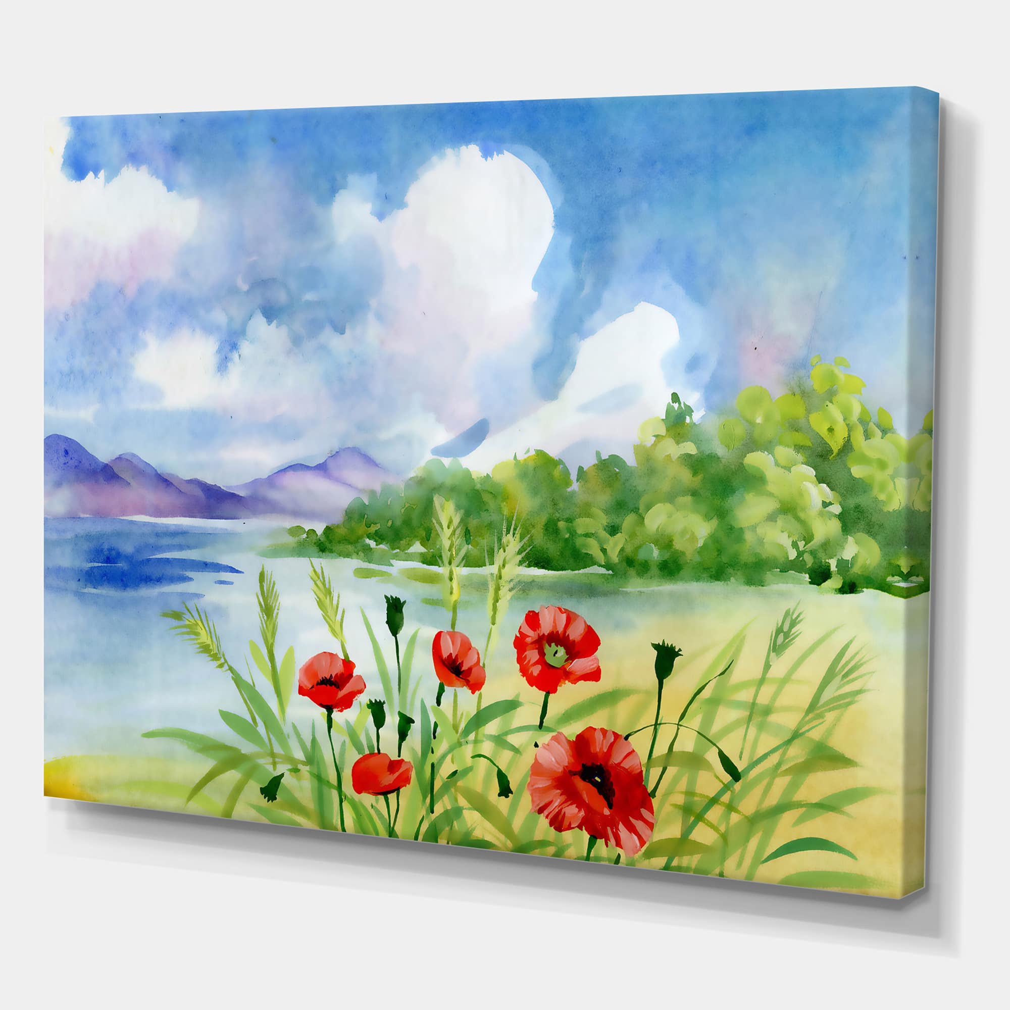 Designart - Red Tulips On The Bank Near A Mountain River - Lake House Canvas Wall Art Print