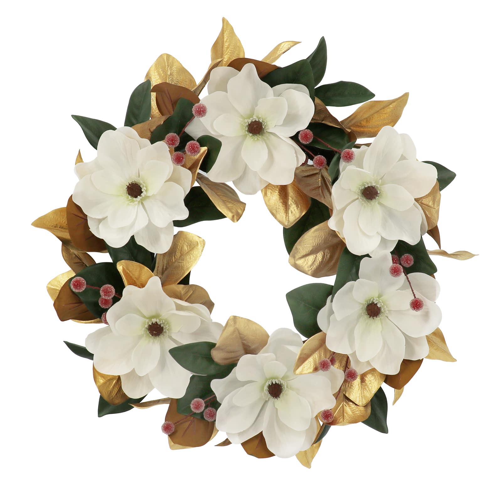 26" White, Green & Gold Magnolia Flower & Leaf Wreath by Ashland®