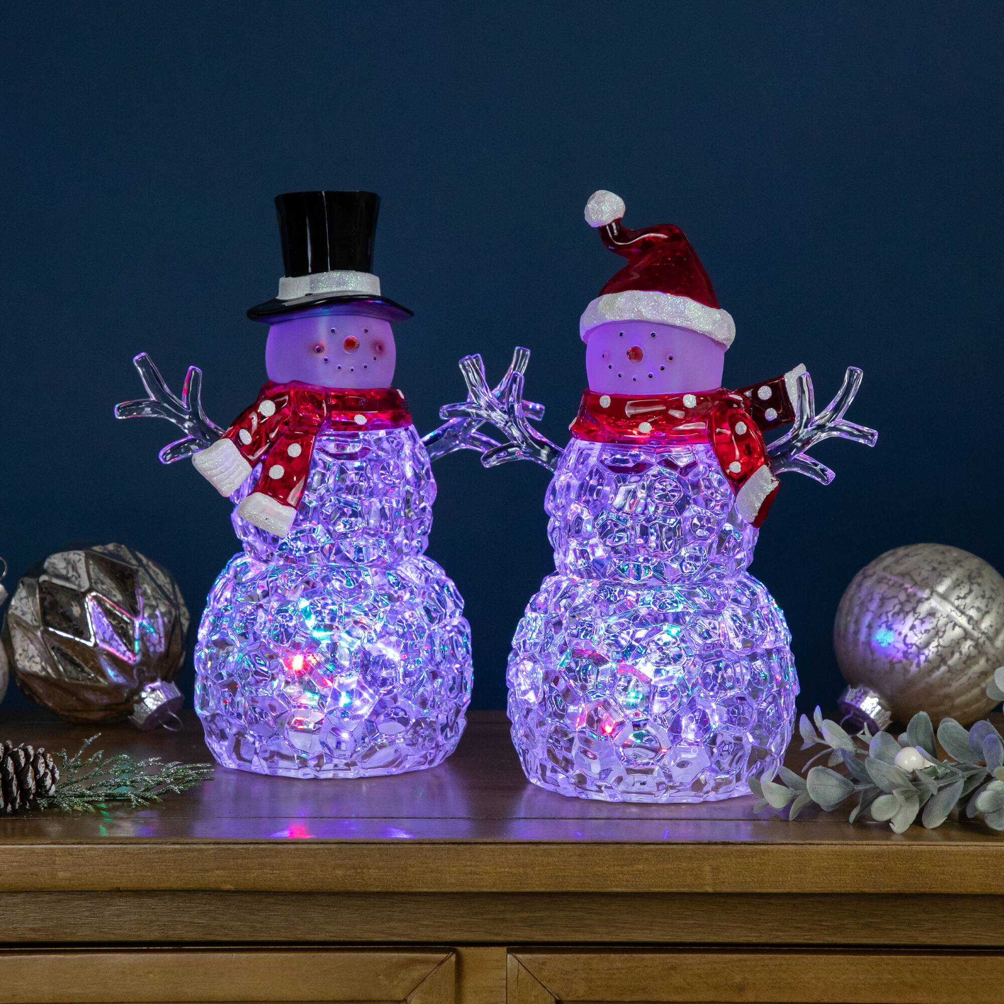 Lighted Acrylic Snowmen Christmas Decorations - 9" - LED Multicolor Lights - Set of 2