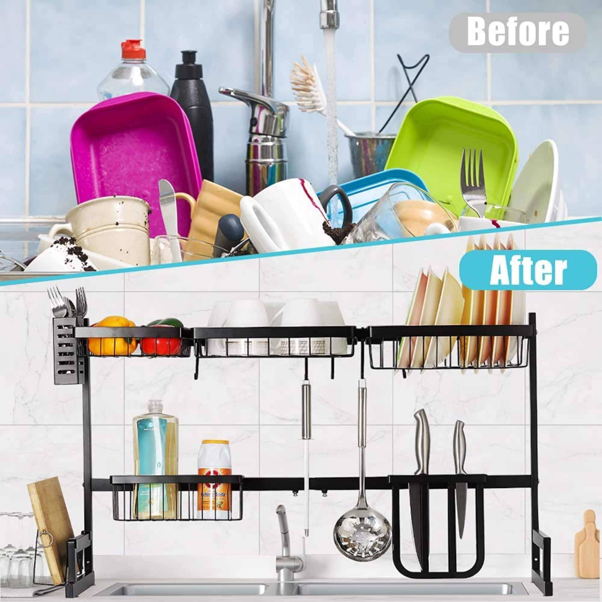 NEX™ 38" Black 2 Tier Stainless Steel Over the Sink Dish Drying Rack