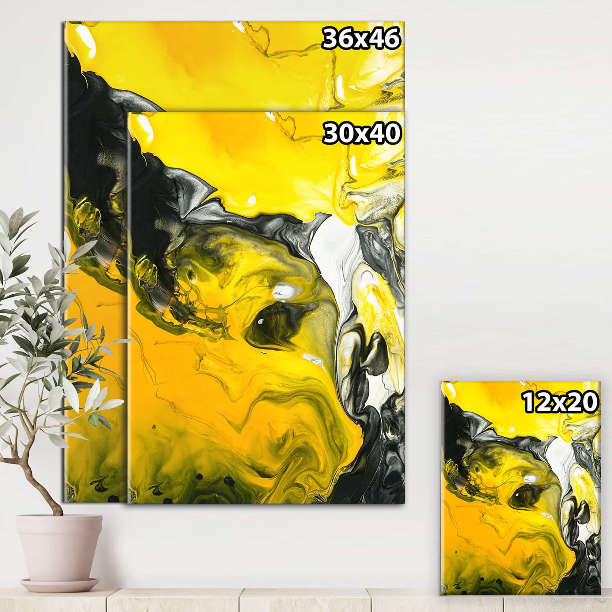 Designart - Yellow, White and Black Hand Painted Marbled Acrylic - Modern & Contemporary Canvas Artwork