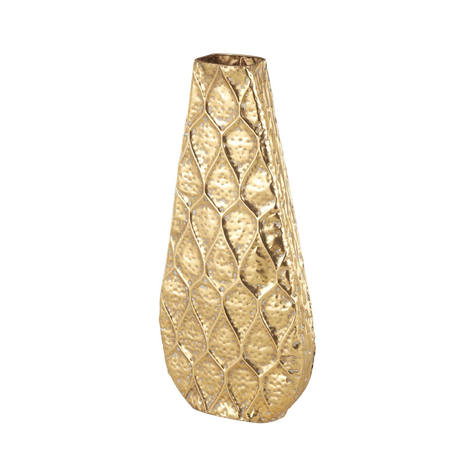 28" Gold Metal Vase with Peacock Inspired Design