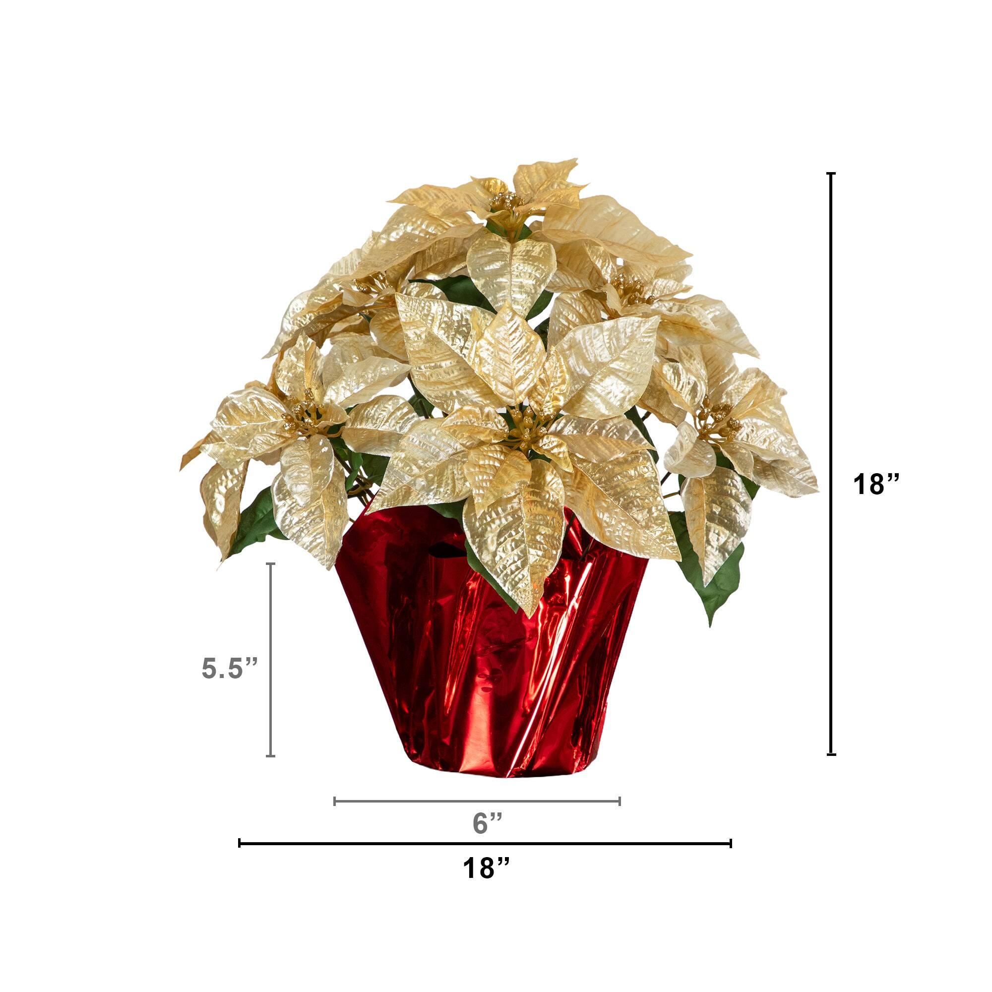 Nearly Natural 18" Gold Lush Velvet Artificial Poinsettia Arrangement in Red Wrapped Planter