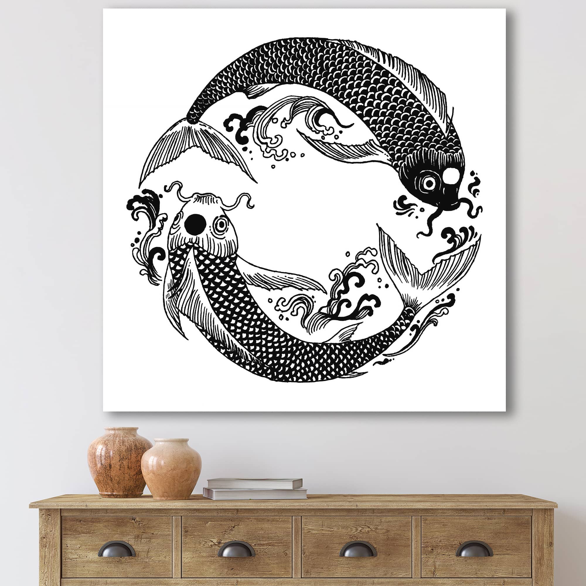 Designart - Chinese Koi Fish In Chinoiserie Style III - Nautical & Coastal Canvas Wall Art Print
