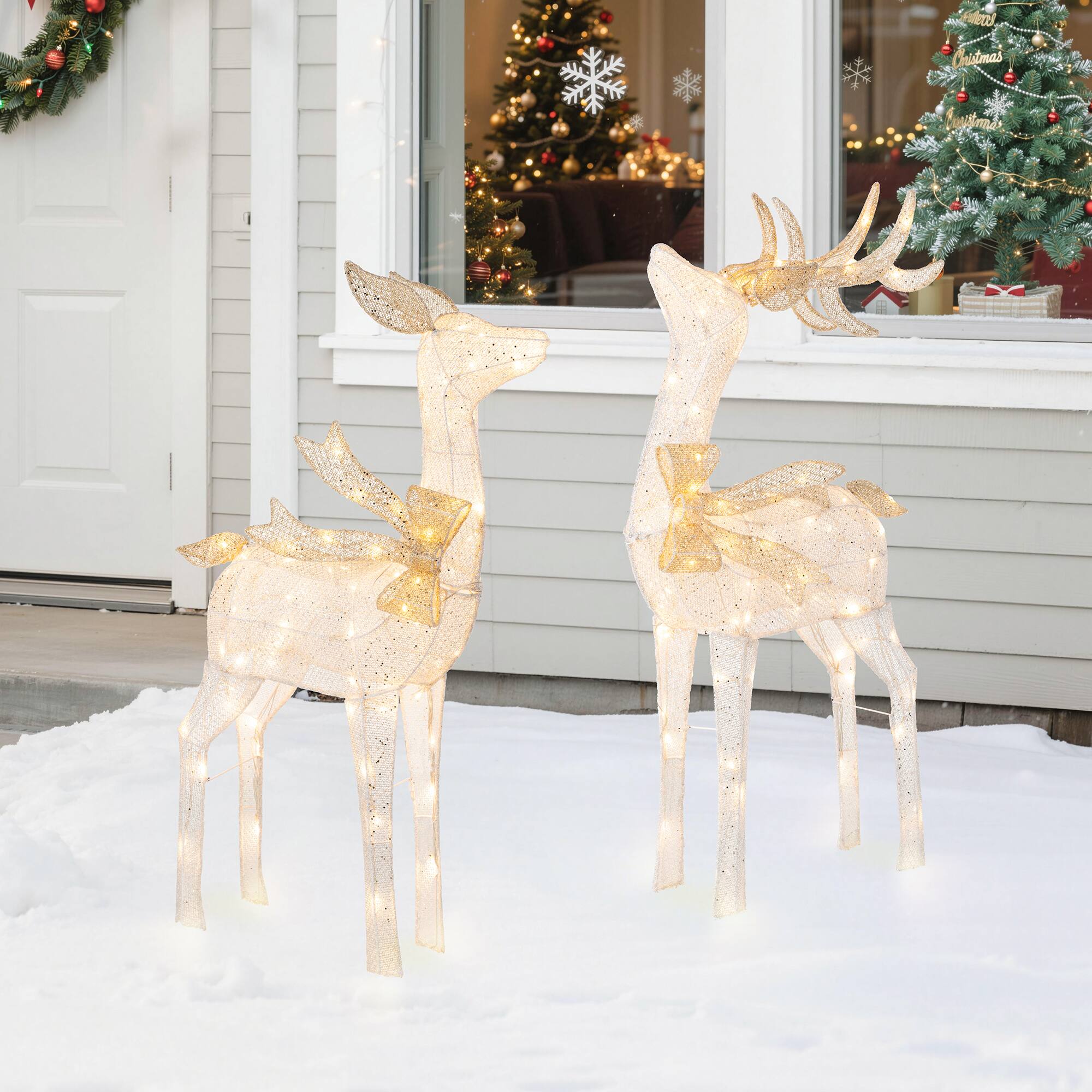 Glitzhome® 43" Christmas 3D Glittered Fabric Reindeer with 170 Warm White LED Lights Set