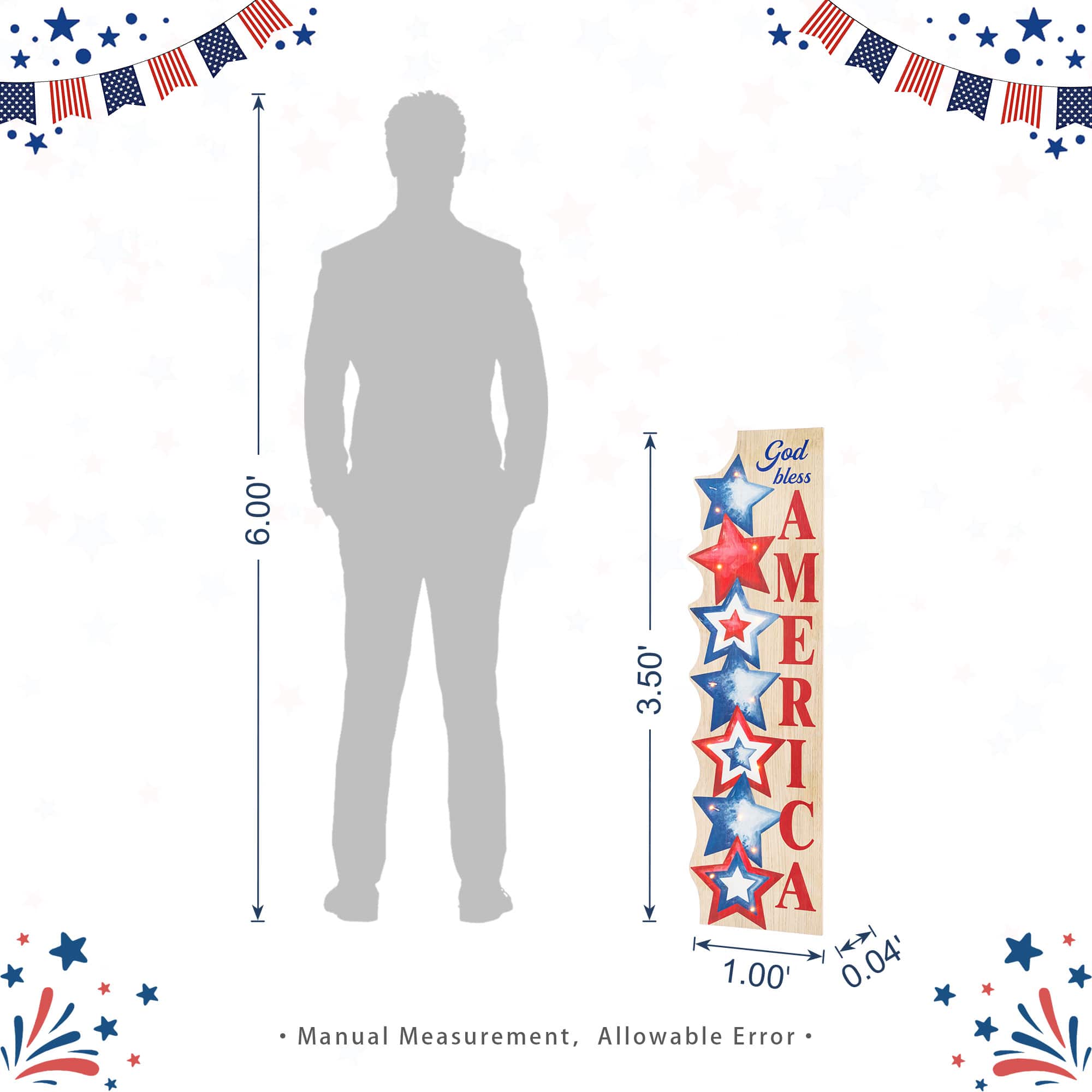 Glitzhome® 42" Lighted Patriotic Americana Wooden Stacked Stars Porch Sign with Timer