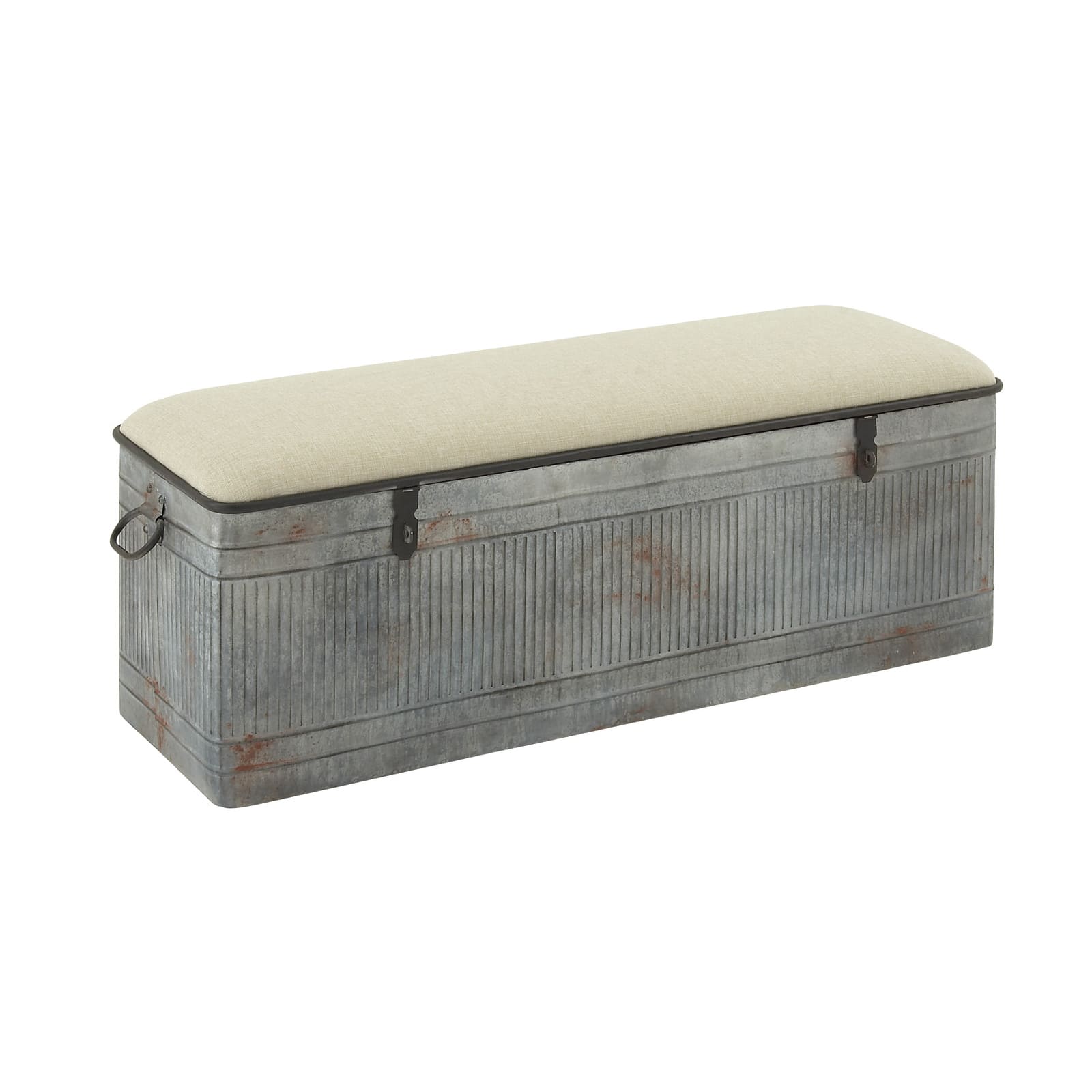 Grey Iron & Fabric Farmhouse Bench