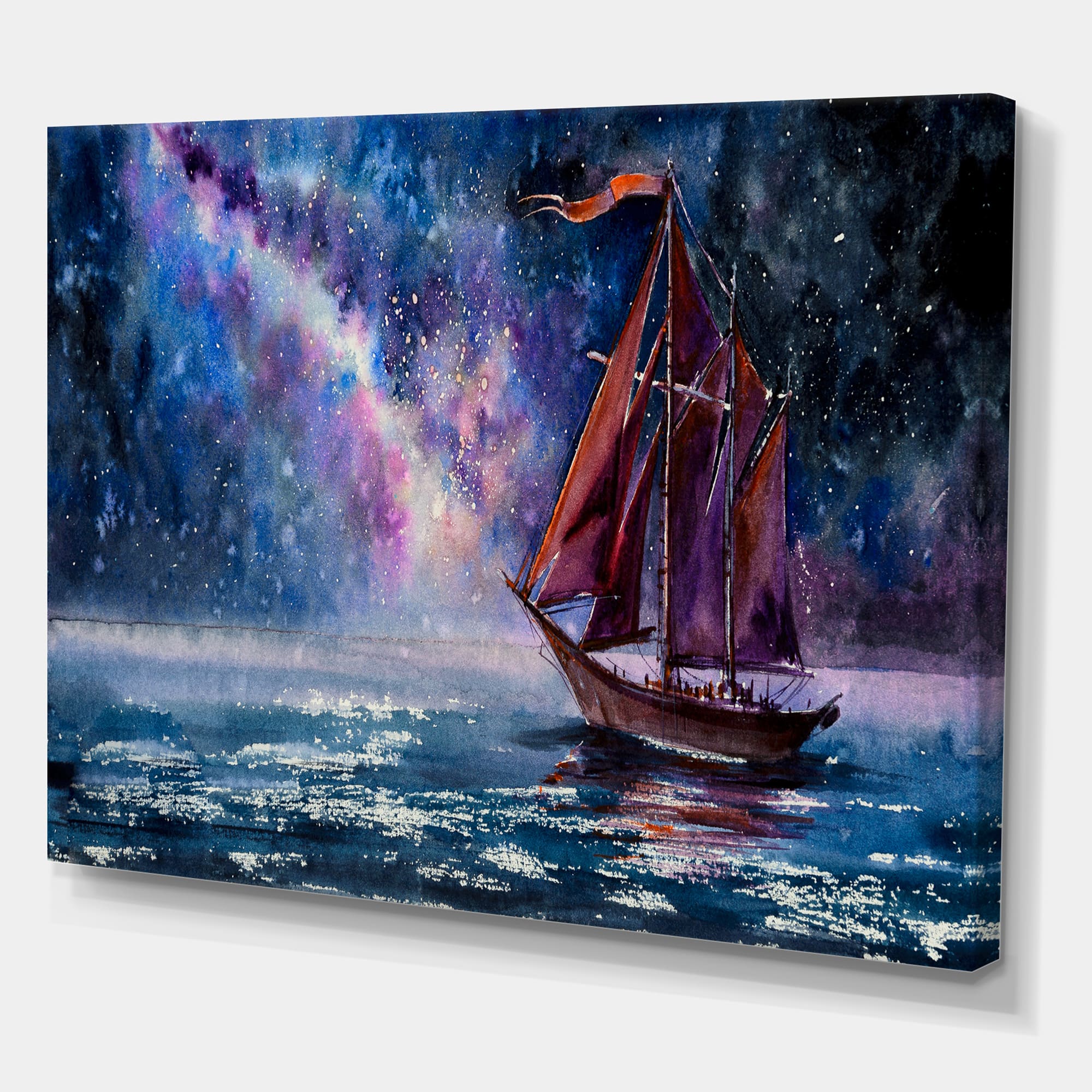 Designart - Wooden Sailboat With Red Sails & Bright Night Sky - Nautical & Coastal Canvas Wall Art Print