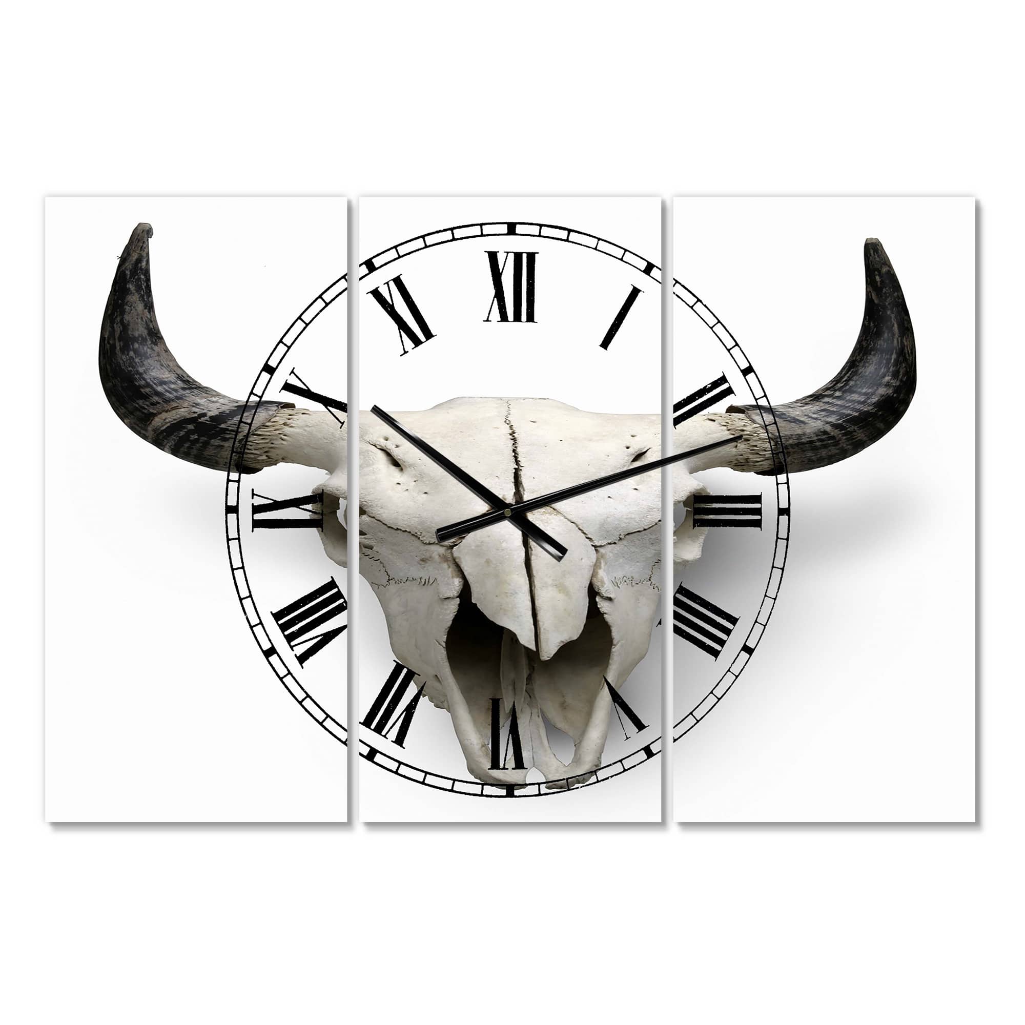 Designart White Cow Skull With Black Horns Oversized Farmhouse 3 panel Wall Clock