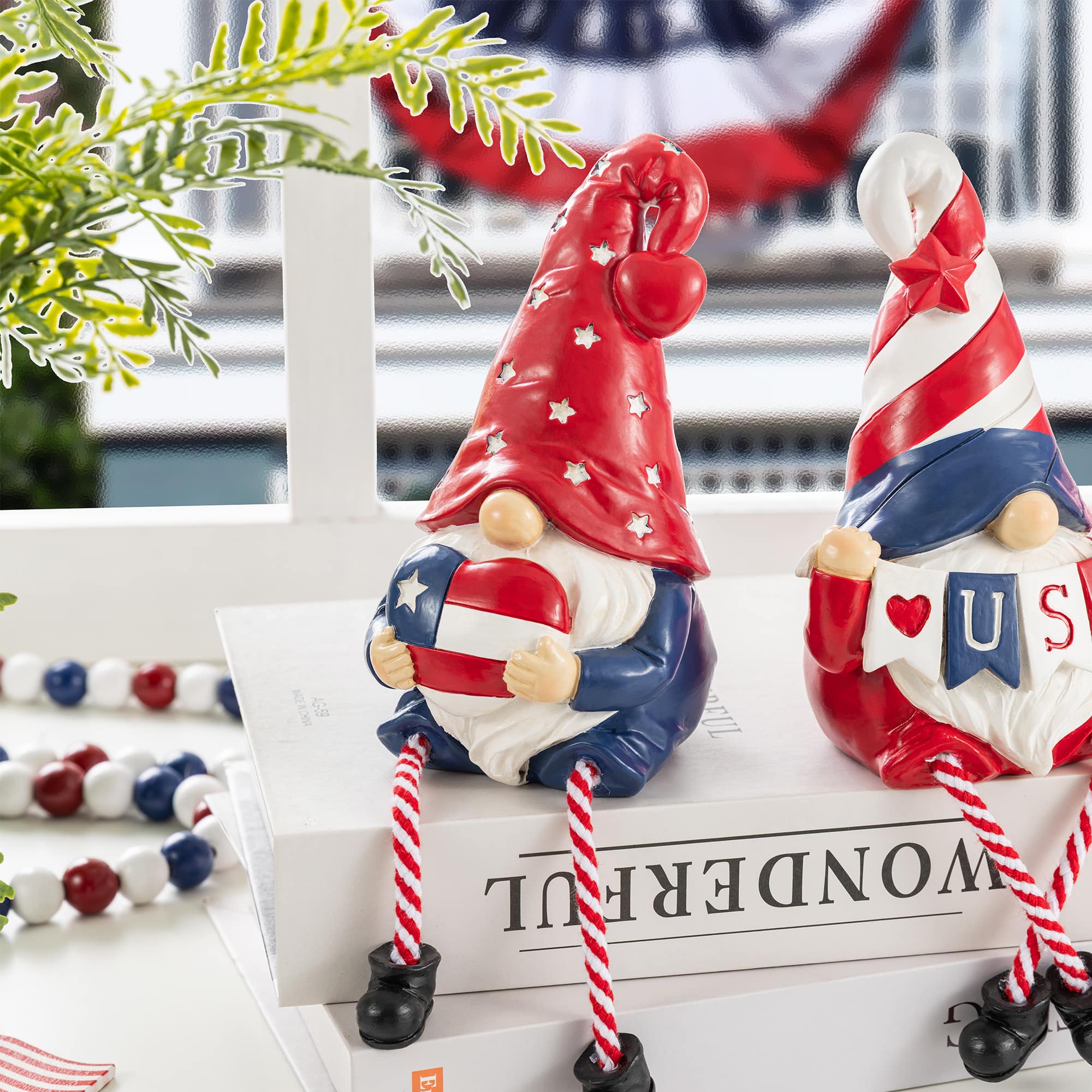 Glitzhome® Set of 2 Patriotic Americana Polyresin Gnomes with Dangling Legs Table Decor