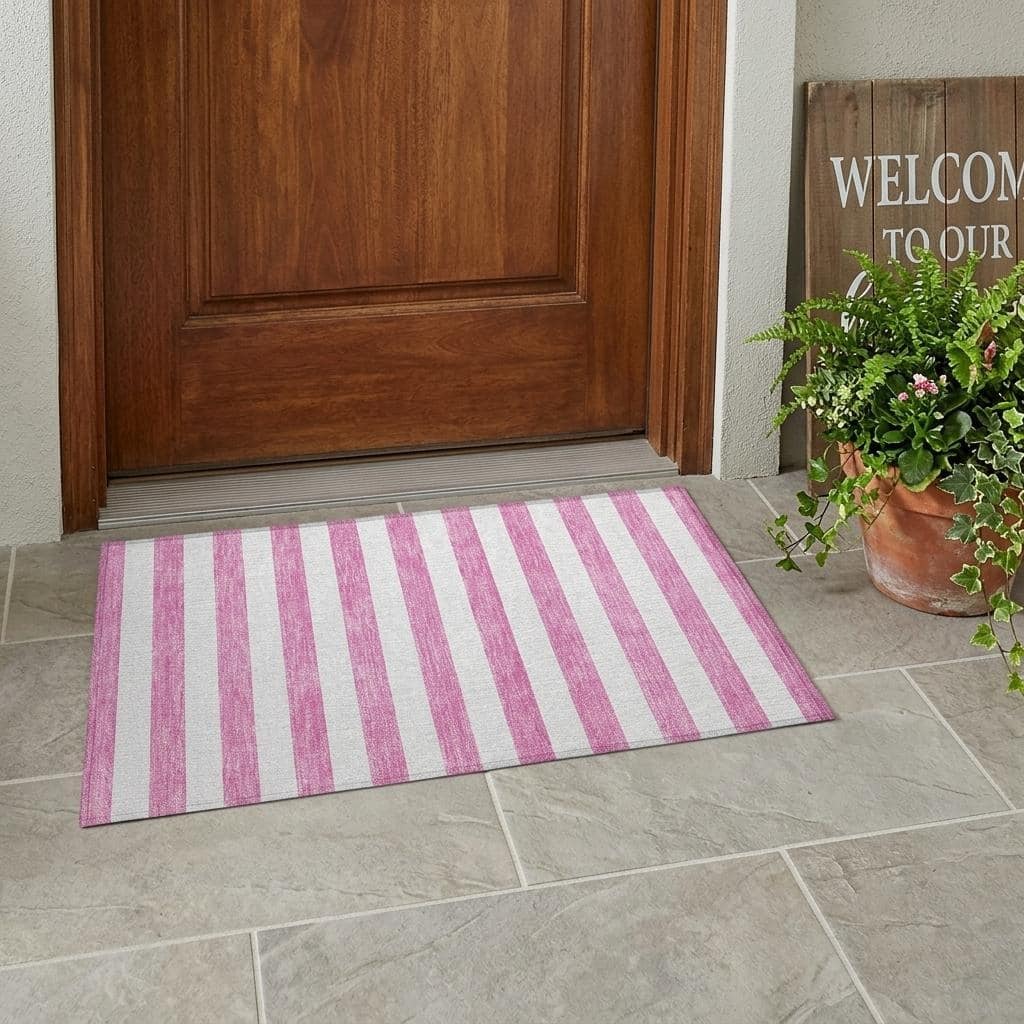 HomeRoots 30" x 20" Pink & White Striped Washable Outdoor Area Rug