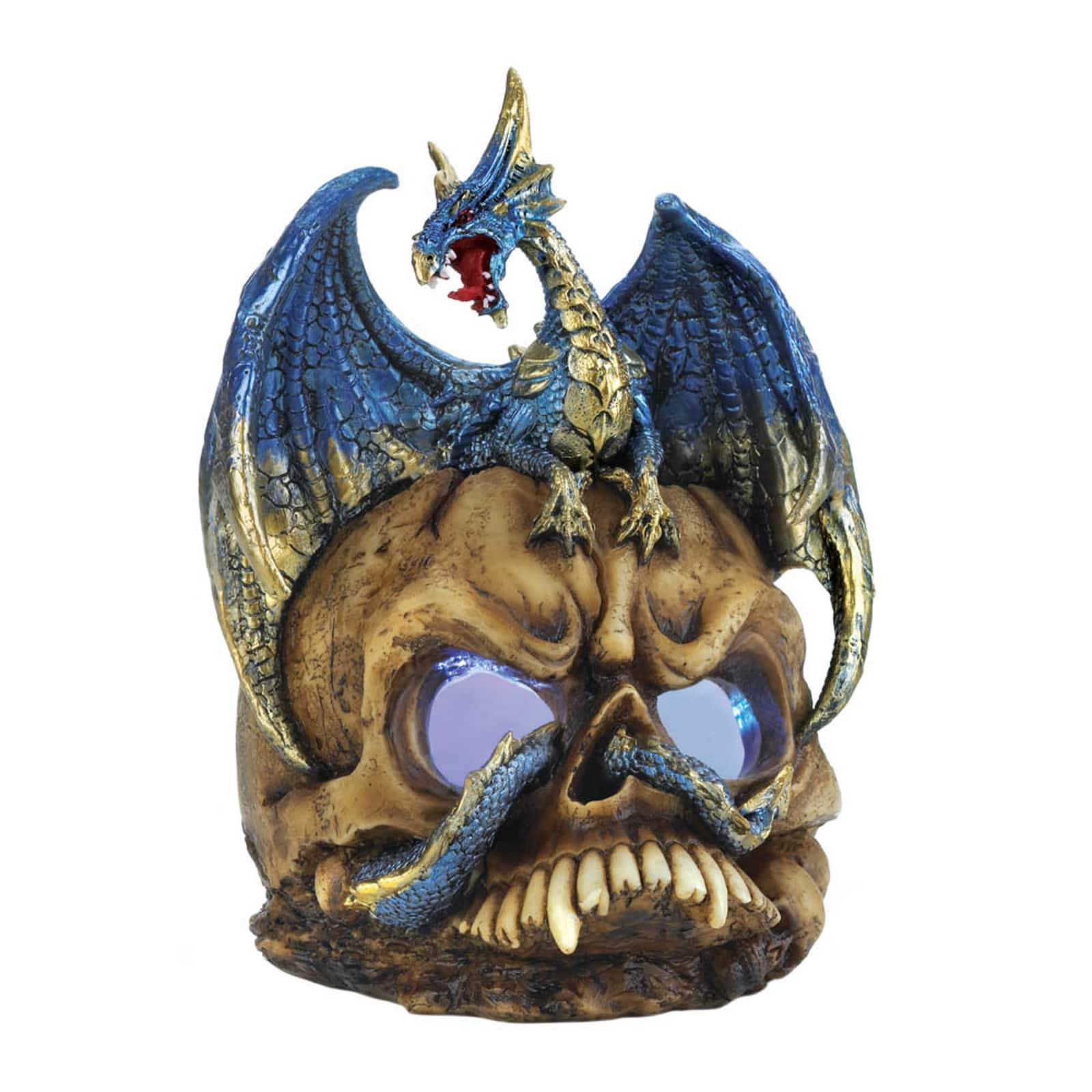 7" Blue Dragon Atop Light-Up LED Skull Statue